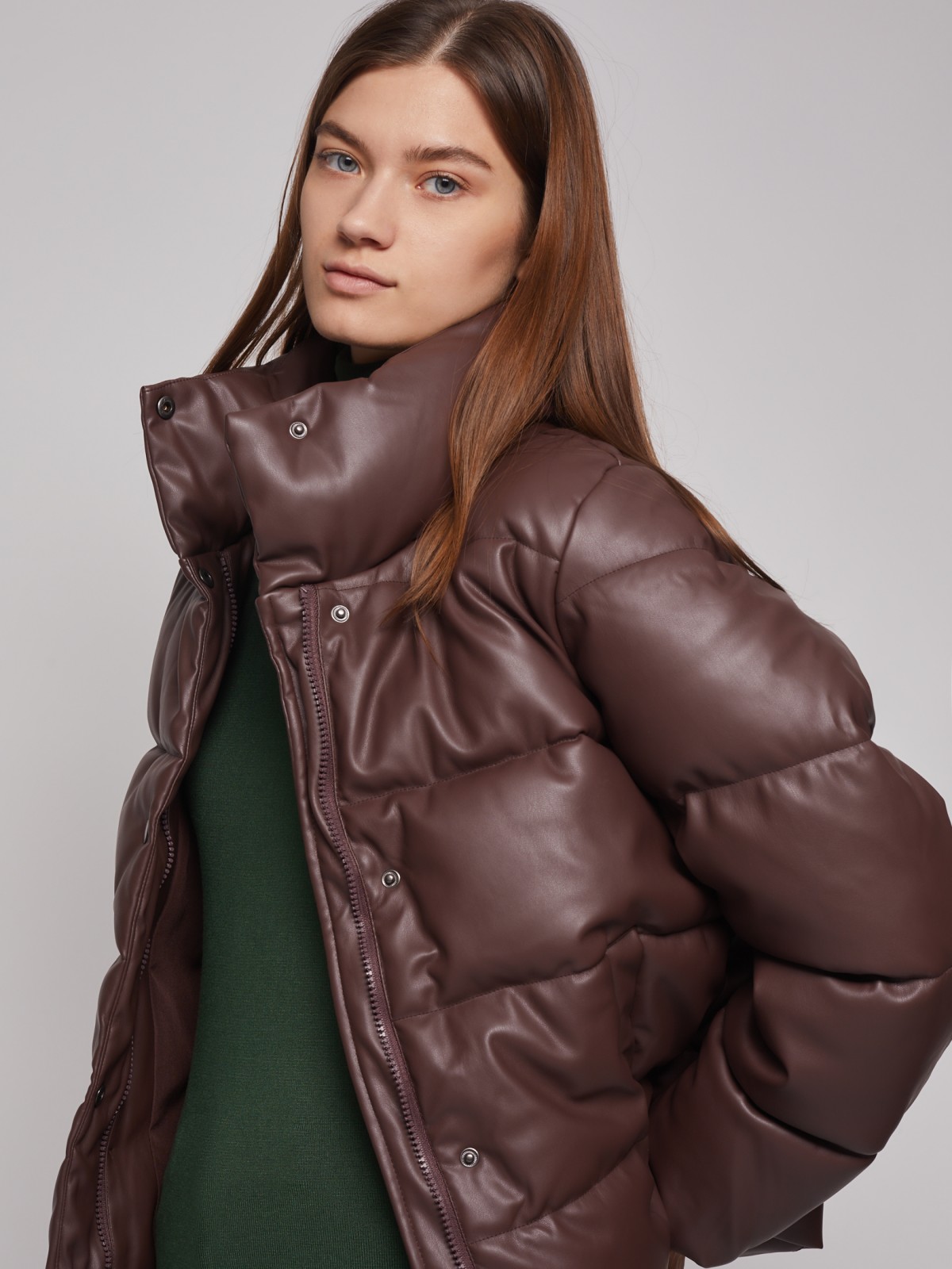 Куртка из экокожи с высоким воротником zolla 022335102094, цвет коричневый, размер XS - фото 3