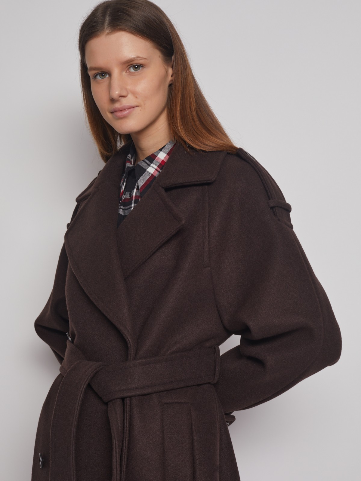 Двубортное пальто-тренч с поясом zolla 02312580Y044, цвет коричневый, размер XS - фото 3