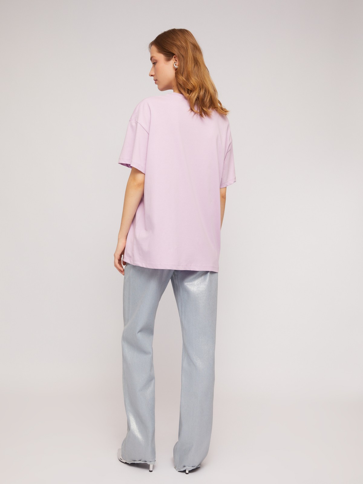 Трикотажная футболка из хлопка с принтом zolla N2424320W183, цвет лиловый, размер XS - фото 6