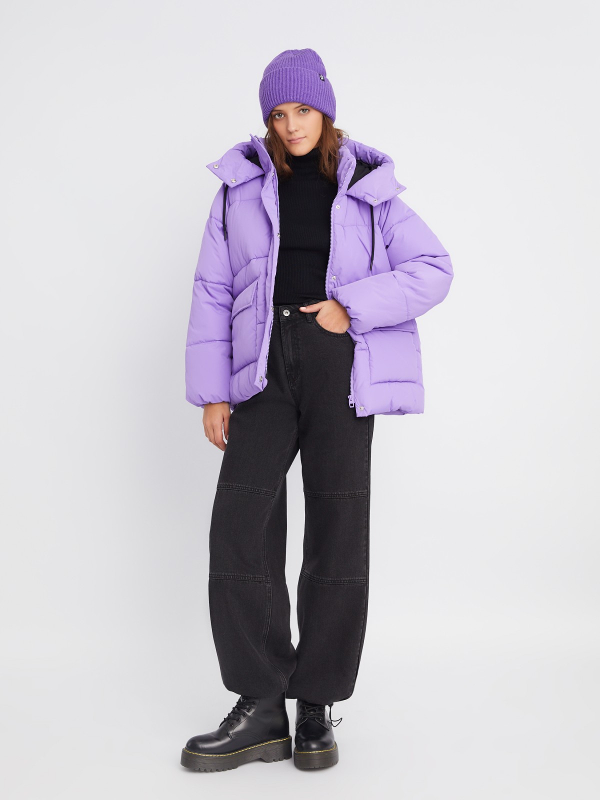 Тёплая дутая стёганая куртка с капюшоном и двойным воротником zolla 023345112104, цвет фиолетовый, размер XS - фото 2
