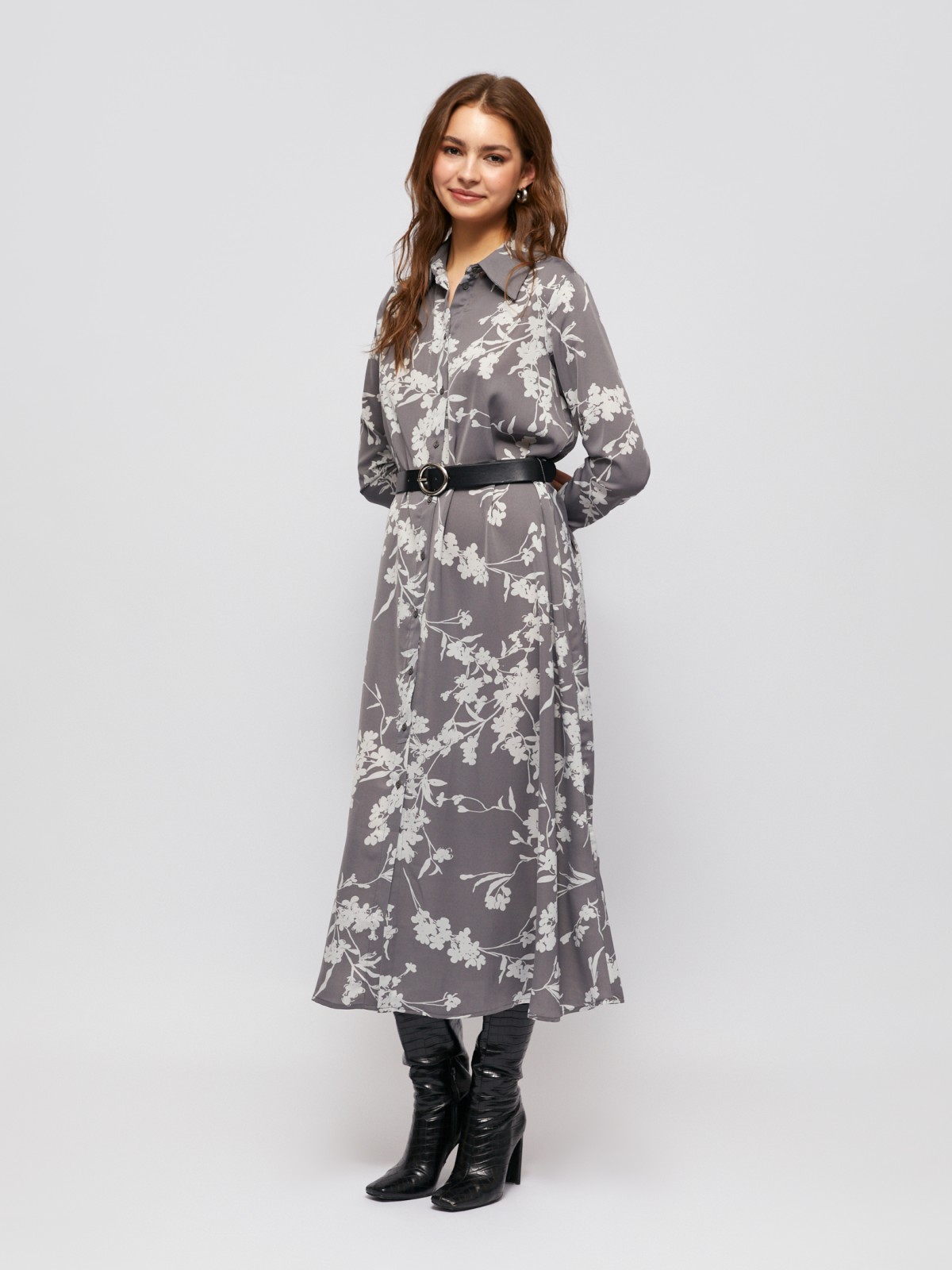 Платье-рубашка макси с цветочным принтом и ремнём