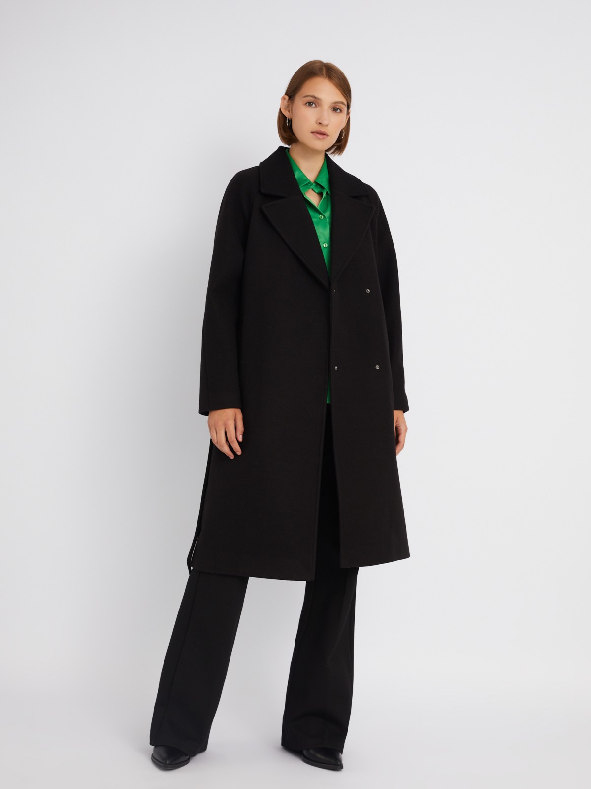 Длинное пальто без утеплителя на кнопках с рукавами реглан и поясом zolla 023335857014, цвет черный, размер XS - фото 2