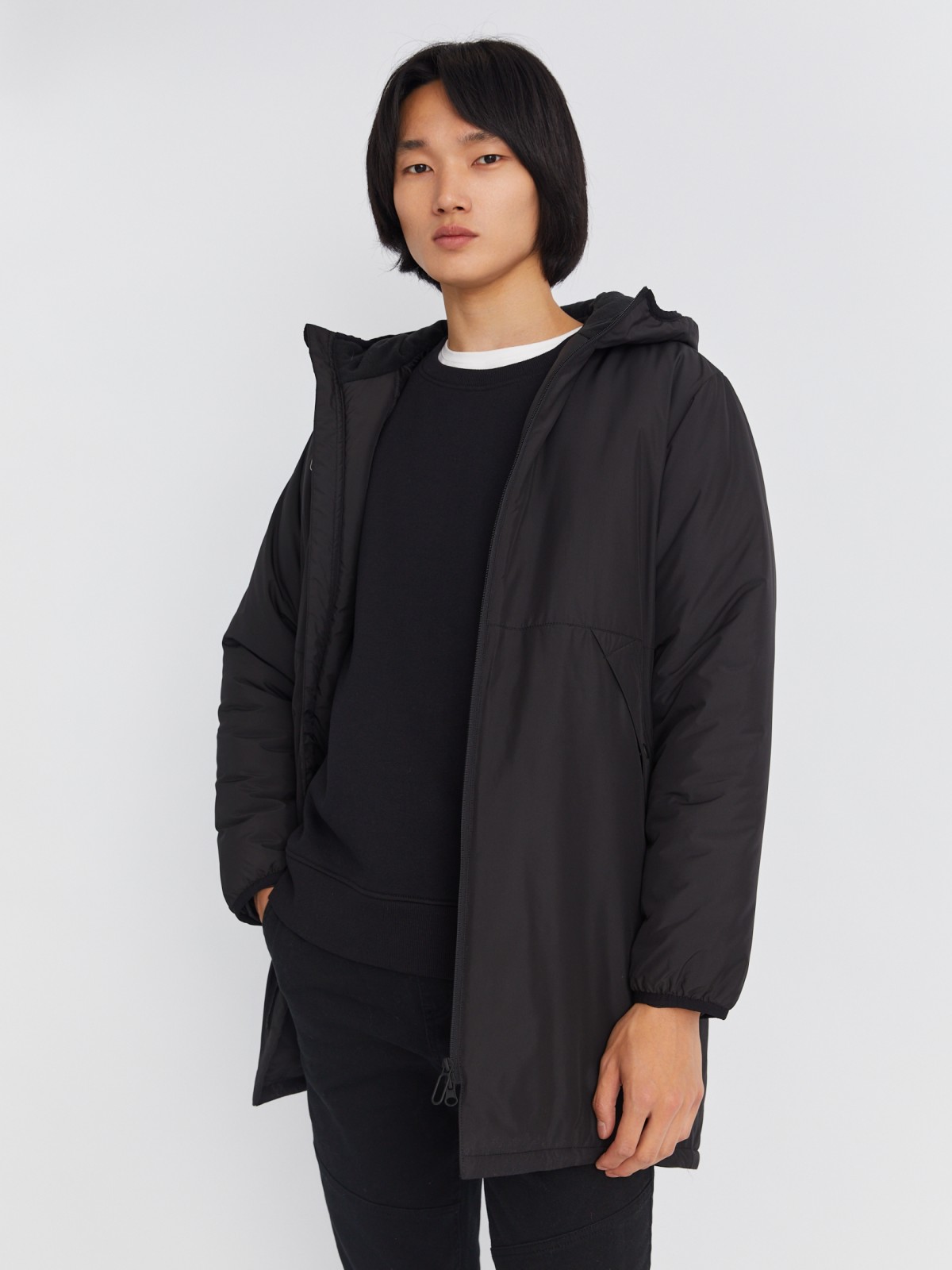 Тёплая удлинённая куртка-парка на синтепоне с капюшоном zolla 013335202054, цвет черный, размер XL