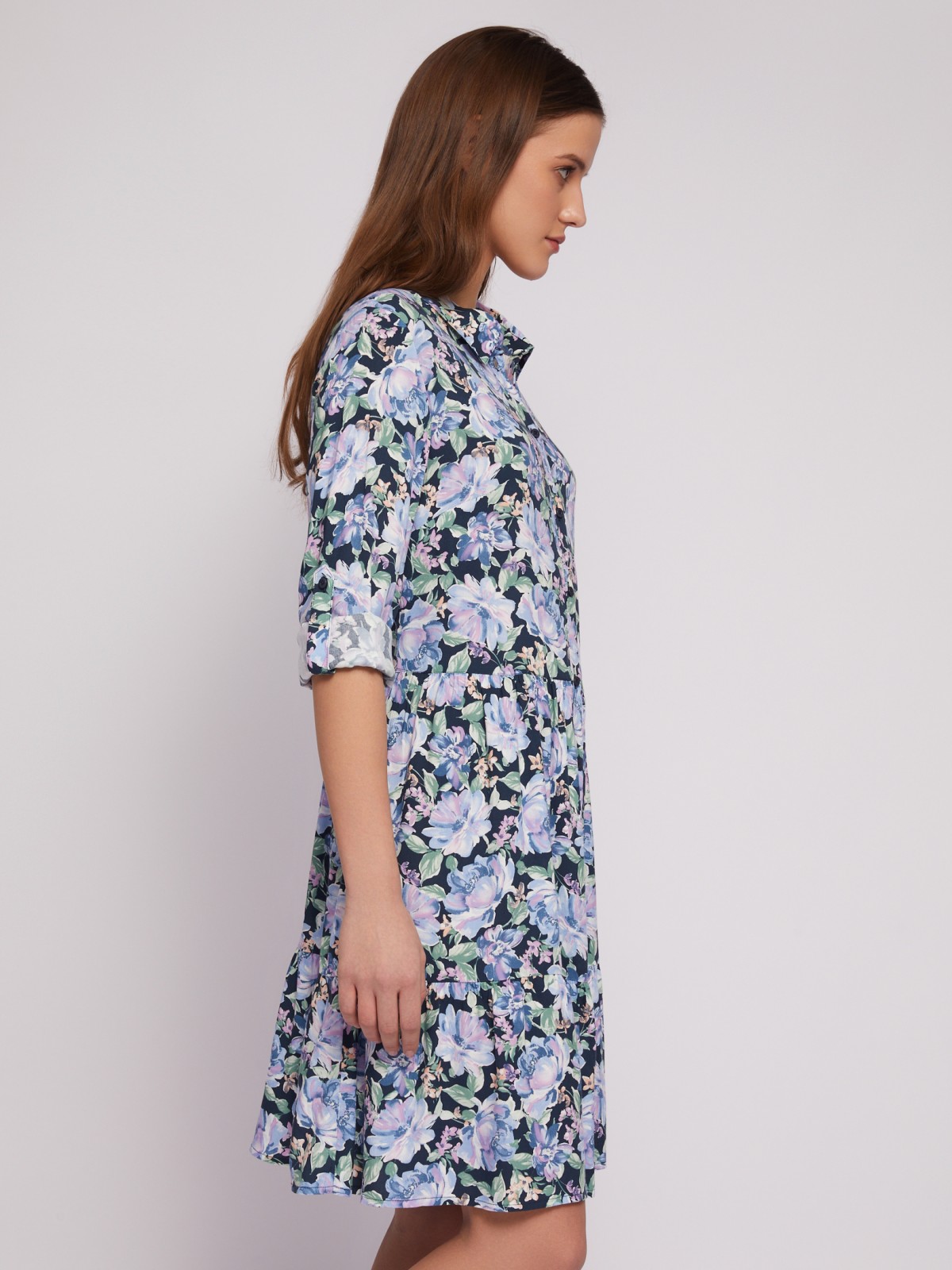 Ярусное платье-рубашка с подхватами на рукавах zolla N24218259021, цвет синий, размер S - фото 5