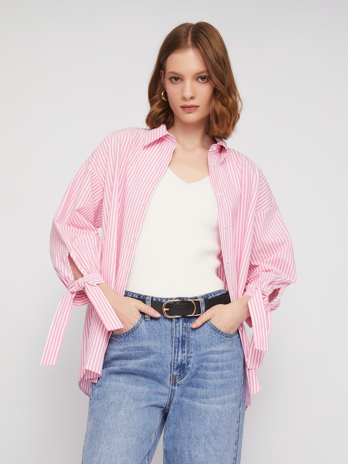 Рубашка из хлопка в полоску с акцентными манжетами zolla 024211159283, цвет розовый, размер L