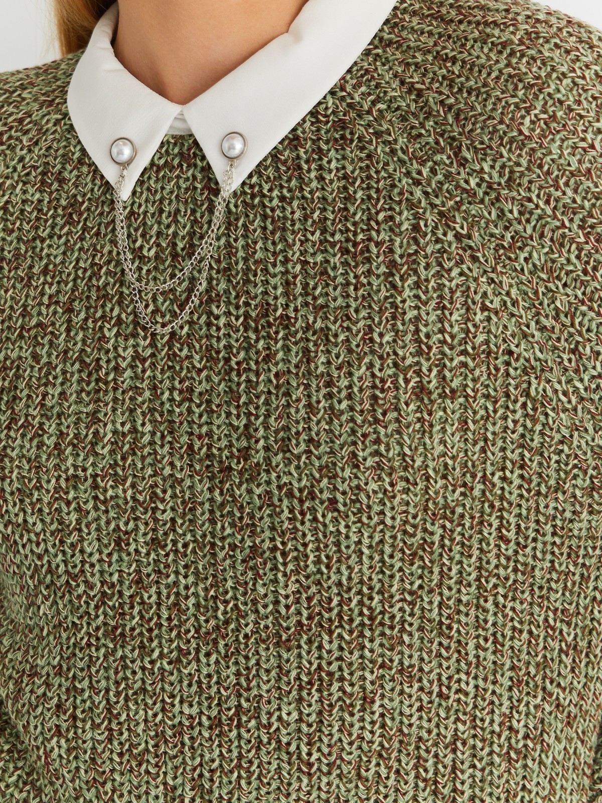 Комбинированный вязаный джемпер с имитацией блузки zolla 023346743013, цвет хаки, размер XS - фото 4