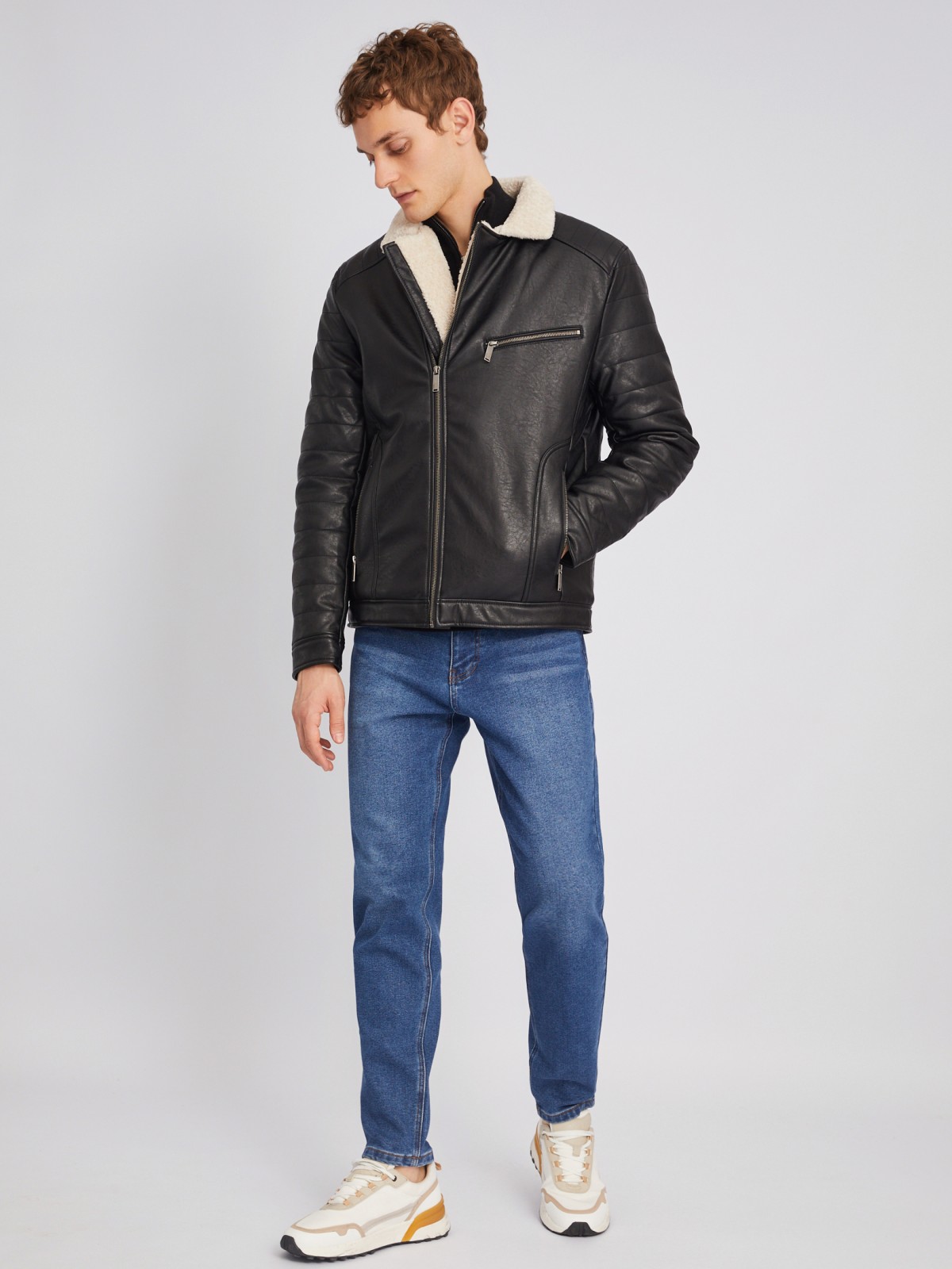 Тёплая куртка-косуха из экокожи с подкладкой из экомеха на синтепоне zolla 012345150154, цвет черный, размер L - фото 2