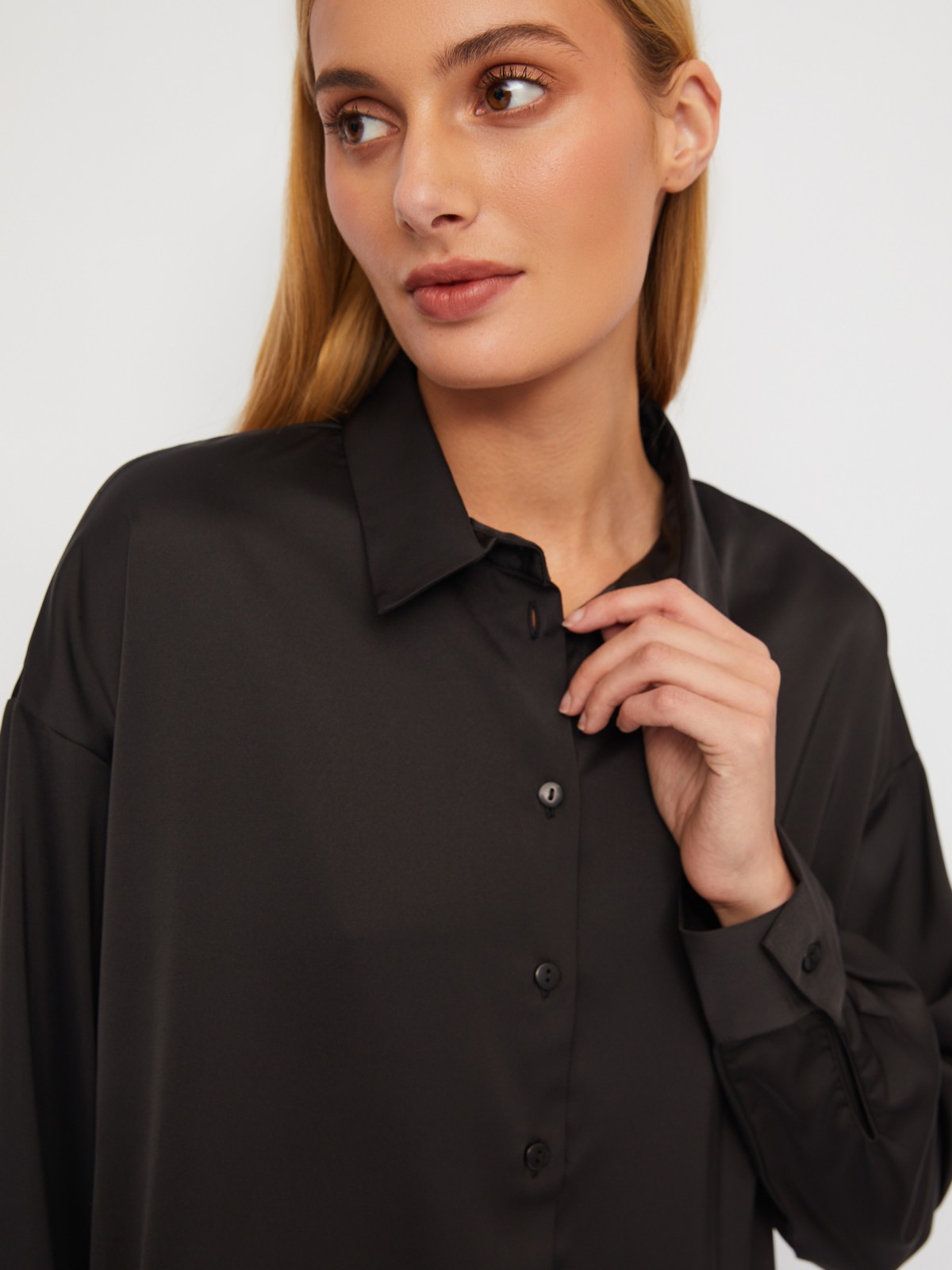 Рубашка свободного силуэта из атласной ткани zolla 02411117Y103, цвет черный, размер XS - фото 4