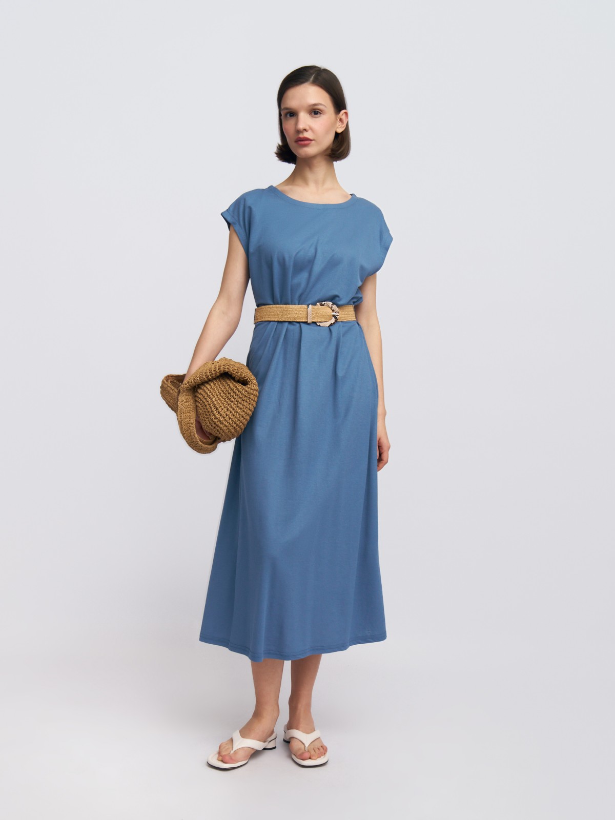 Платье миди без рукавов с ремнём