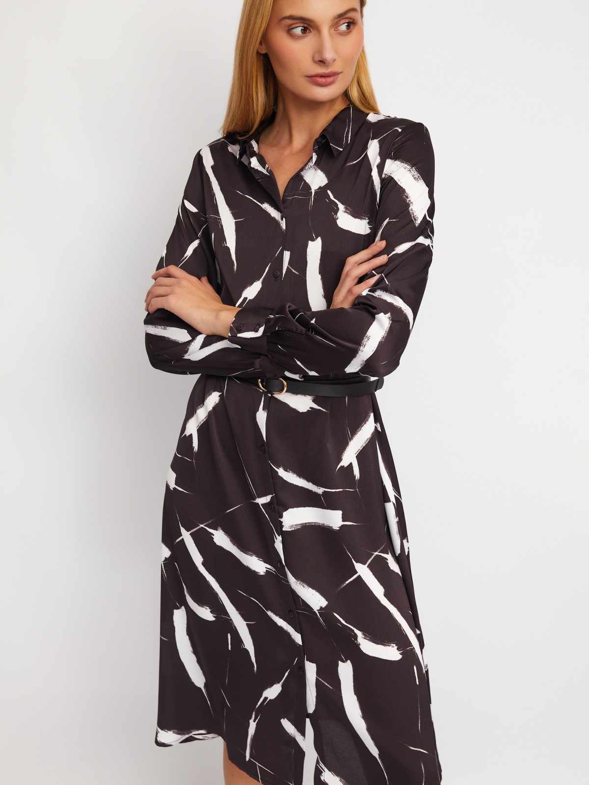 Атласное платье-рубашка с воротником и акцентном на талии zolla 02411827Y353, цвет коричневый, размер XS - фото 3
