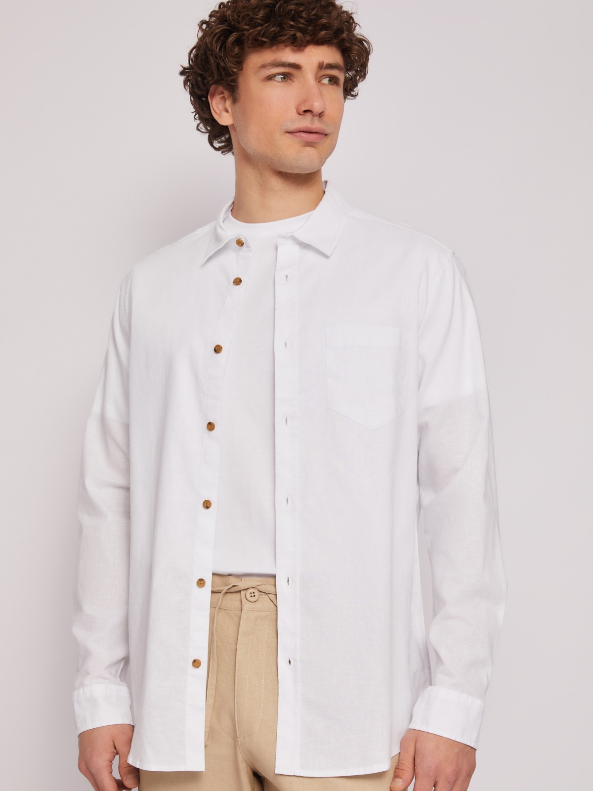Льняная офисная рубашка прямого силуэта с карманом zolla 014212159013, цвет белый, размер M - фото 3