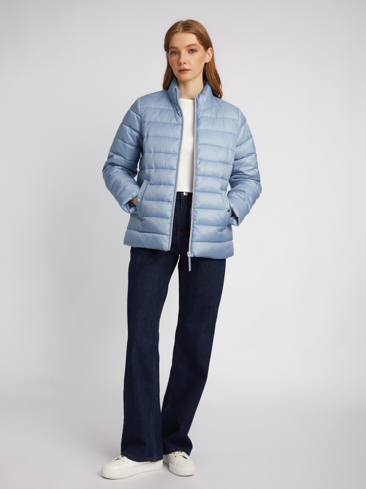 Утеплённая короткая куртка на молнии с воротником zolla 024135112154, цвет голубой, размер S - фото 2