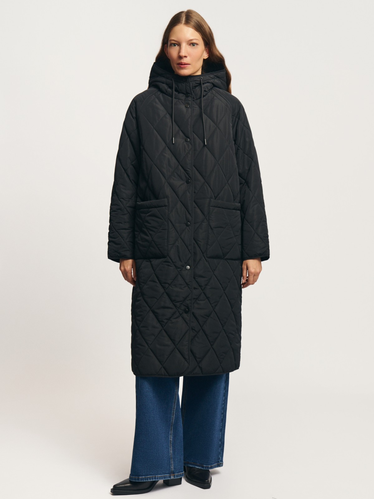 Длинная куртка-пальто на синтепоне с капюшоном