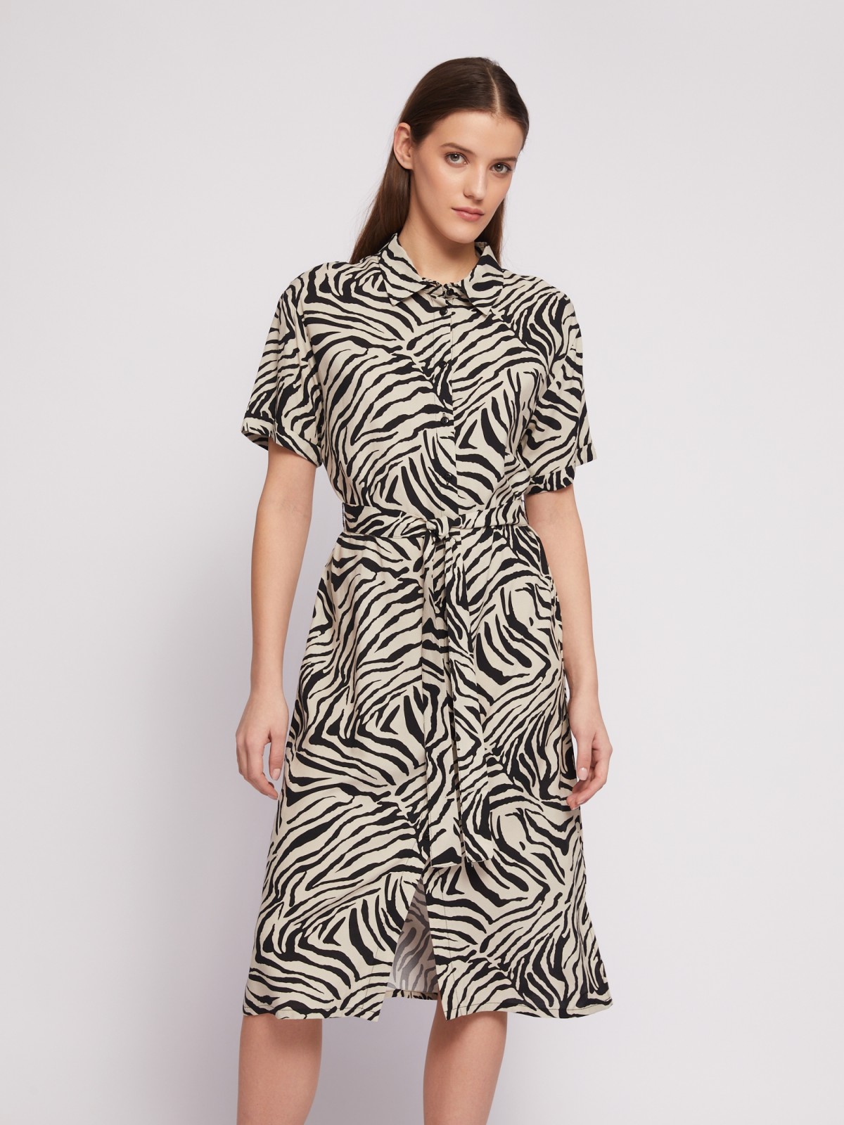 Платье-рубашка с поясом и принтом в полоску zolla N24218259013, цвет черный, размер S