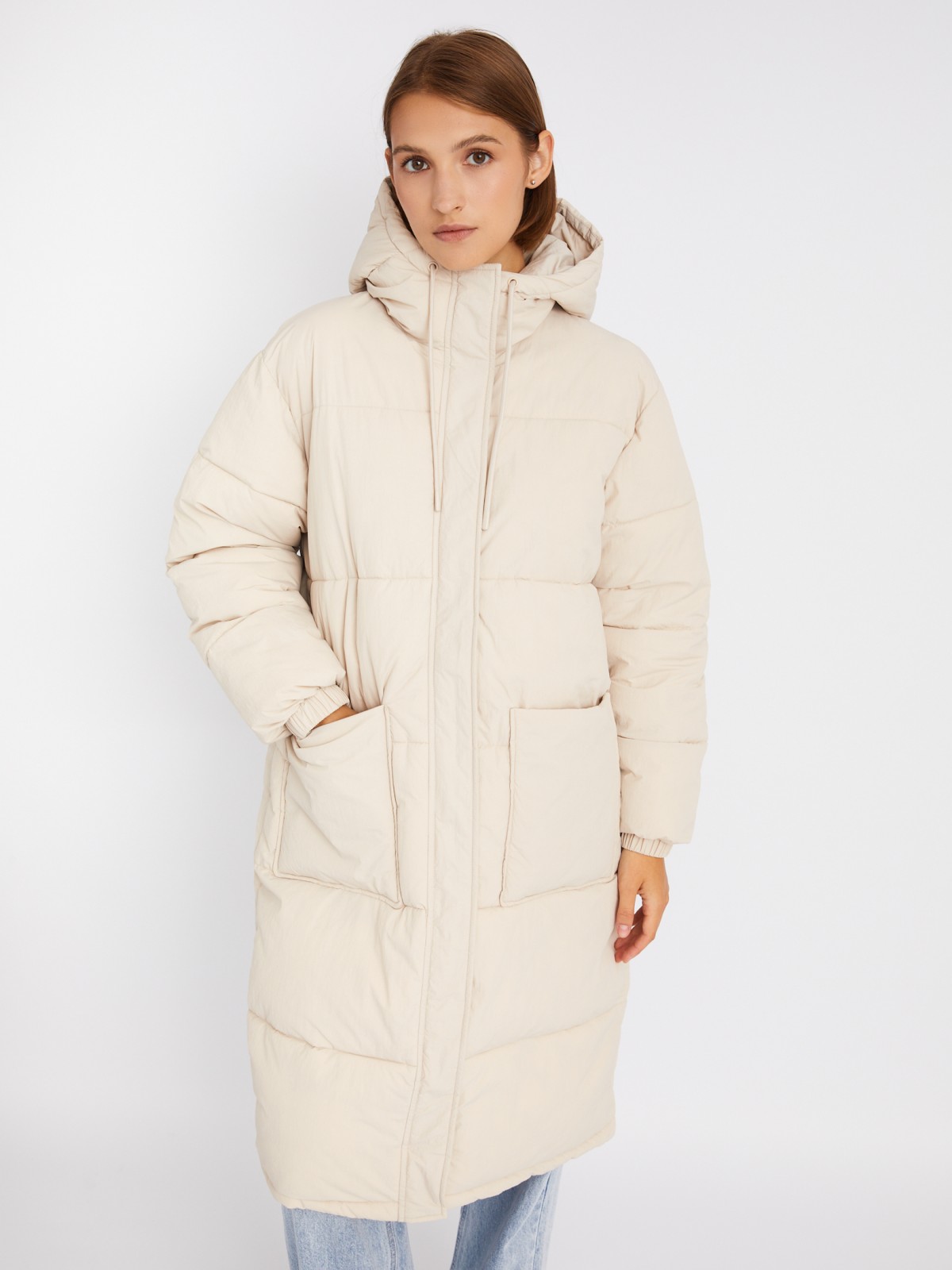 Длинная тёплая стёганая куртка-пальто с капюшоном zolla 023335202084, цвет молоко, размер XS - фото 3