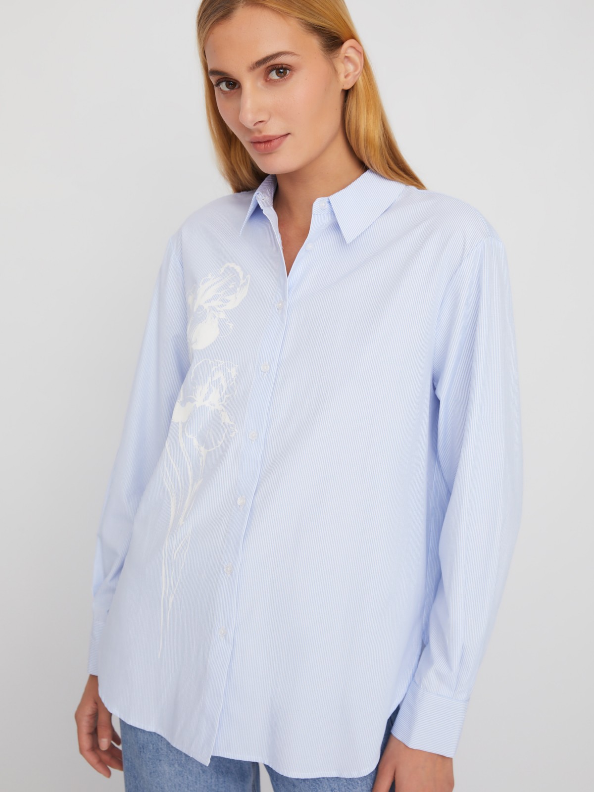 Рубашка удлинённого силуэта в полоску с принтом zolla 02411117Y303, цвет светло-голубой, размер XS - фото 1
