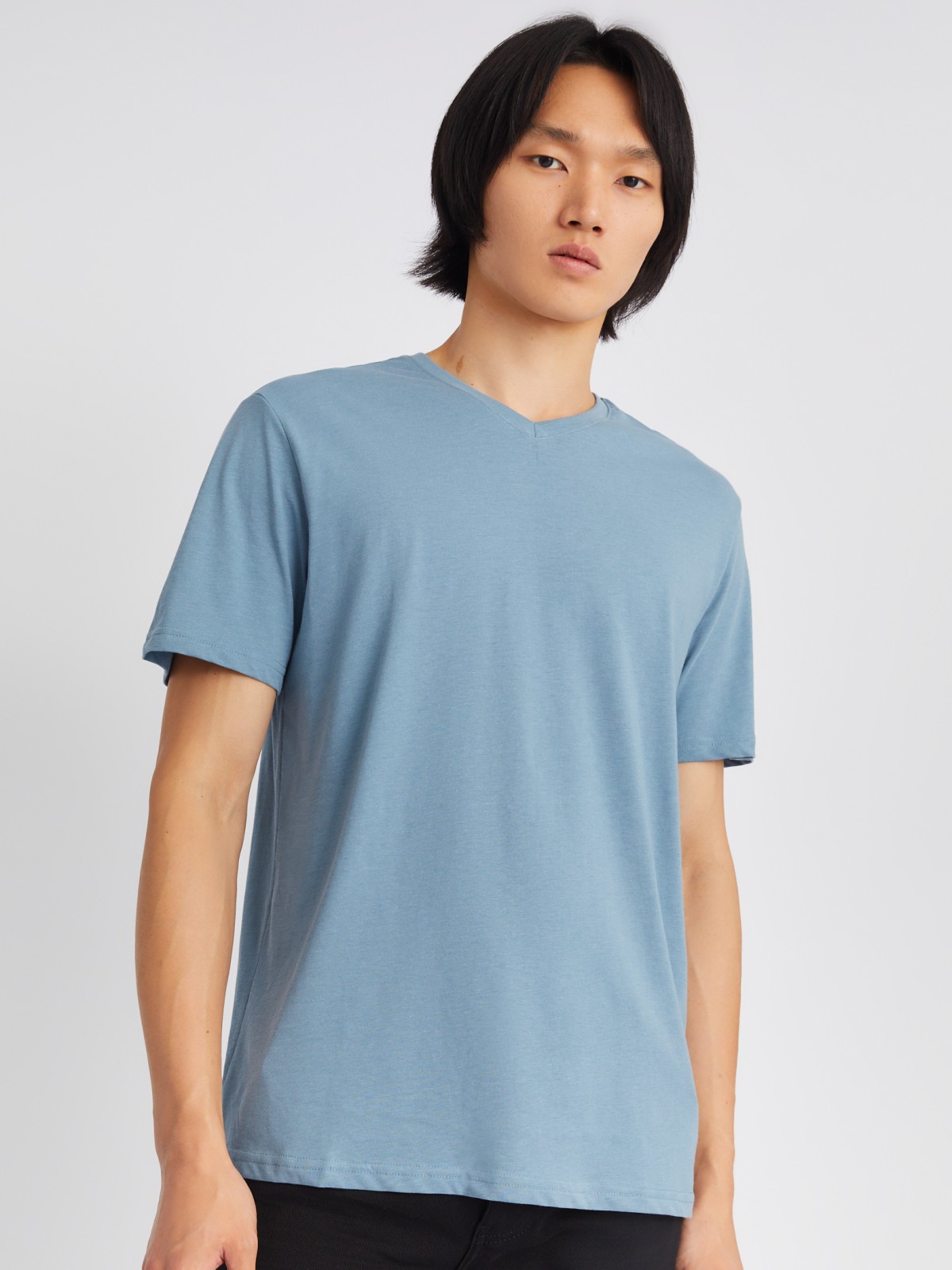 Трикотажная футболка с треугольным вырезом zolla 01331325Q032, цвет голубой, размер XL - фото 4