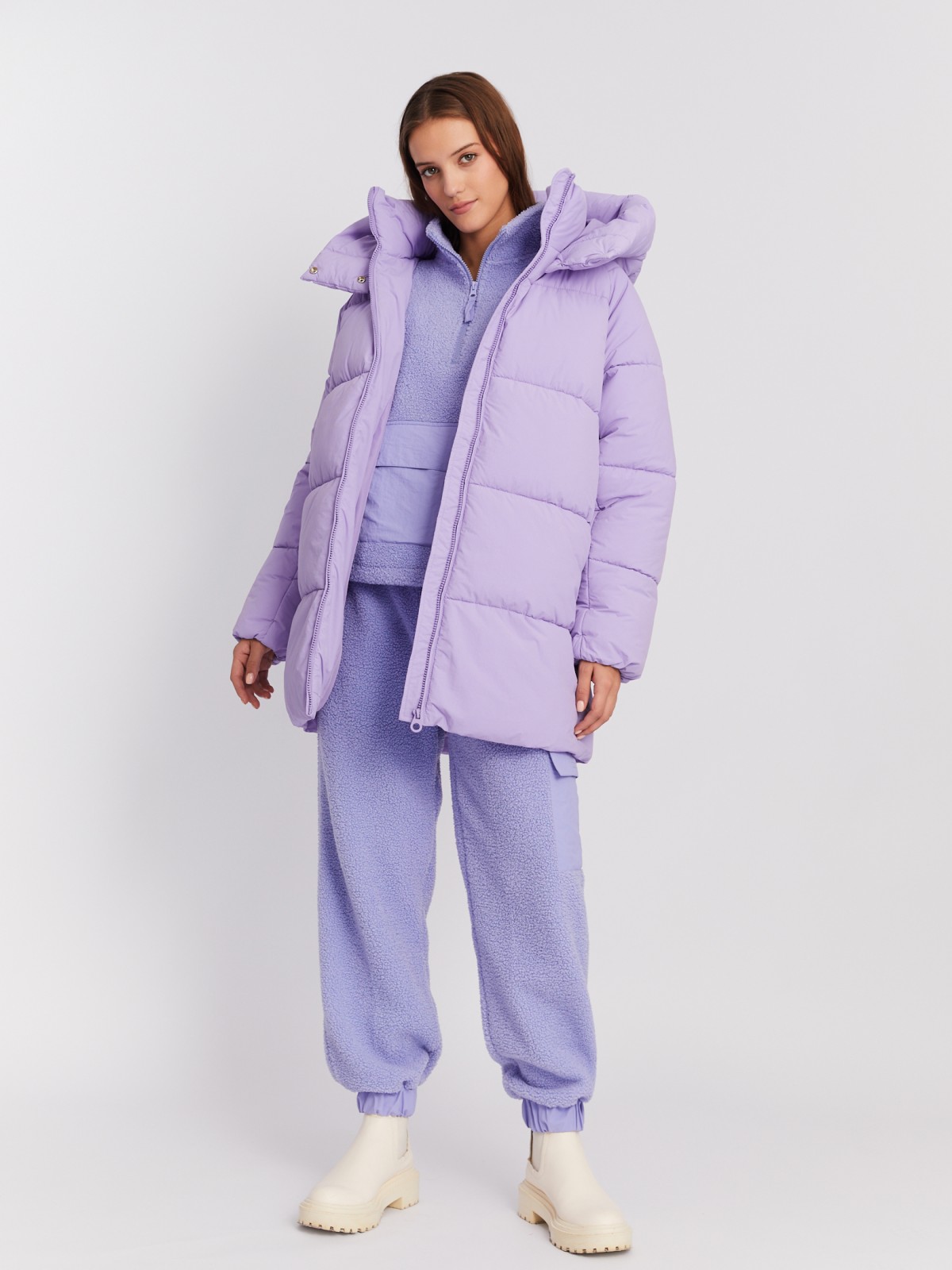 Тёплая куртка-пальто оверсайз силуэта с капюшоном zolla 02342520L054, цвет фиолетовый, размер S - фото 2