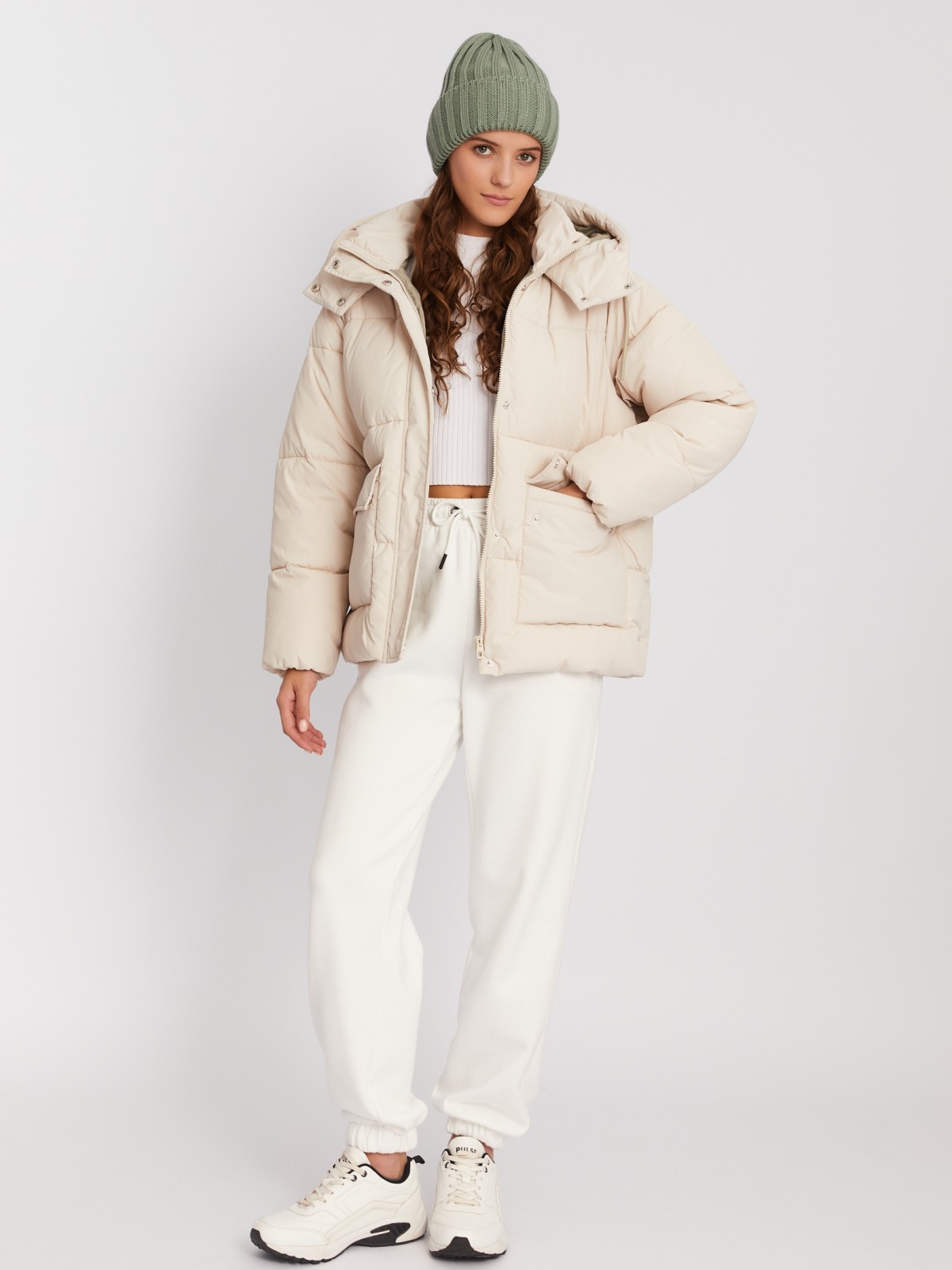 Тёплая дутая стёганая куртка с капюшоном и двойным воротником zolla 023345112104, цвет молоко, размер XS - фото 2