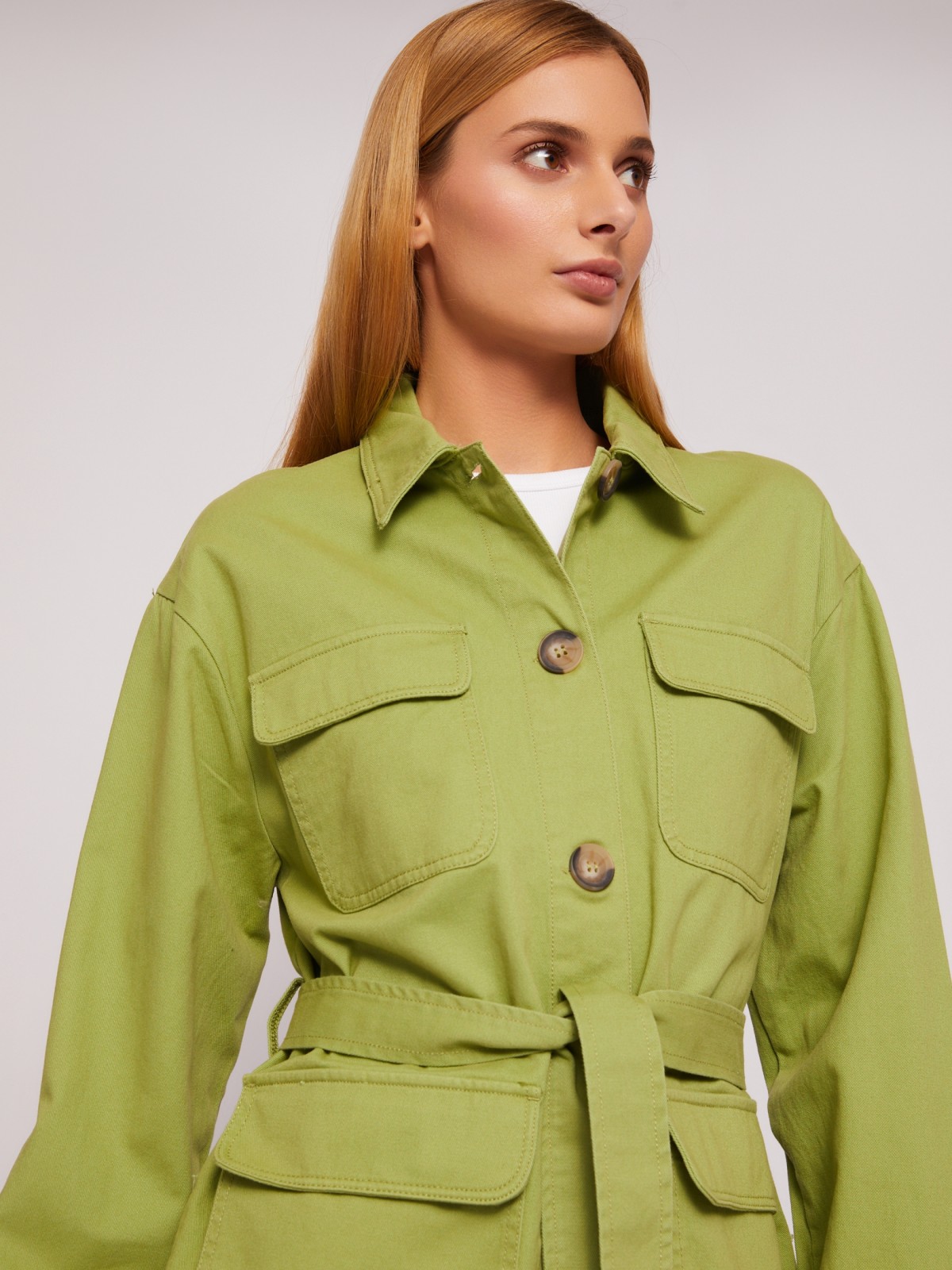 Куртка-рубашка из хлопка с поясом zolla 02421547Z093, цвет лайм, размер L - фото 4