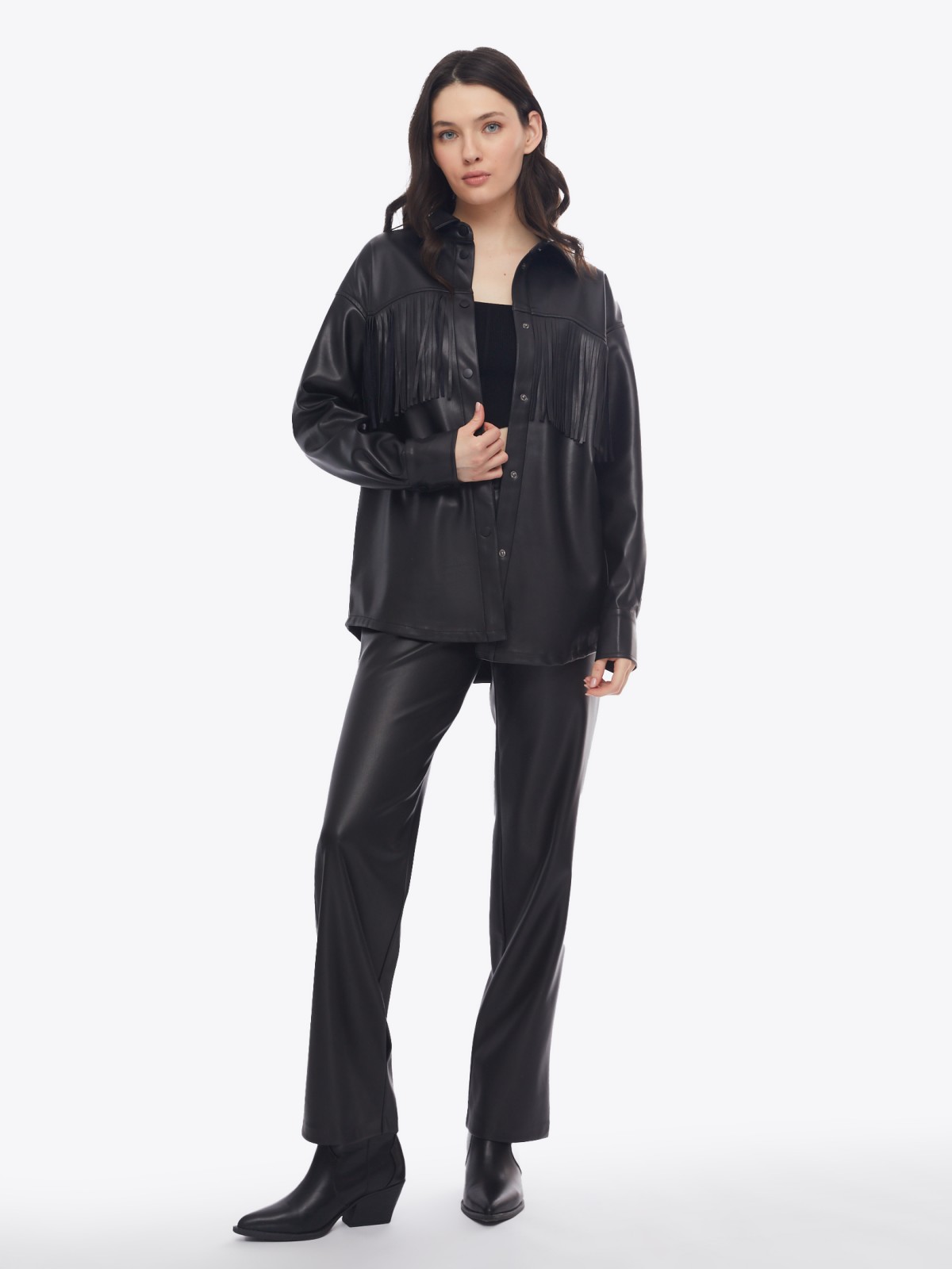 Куртка-рубашка из экокожи с бахромой на кокетке zolla 02413540L051, цвет черный, размер S - фото 2