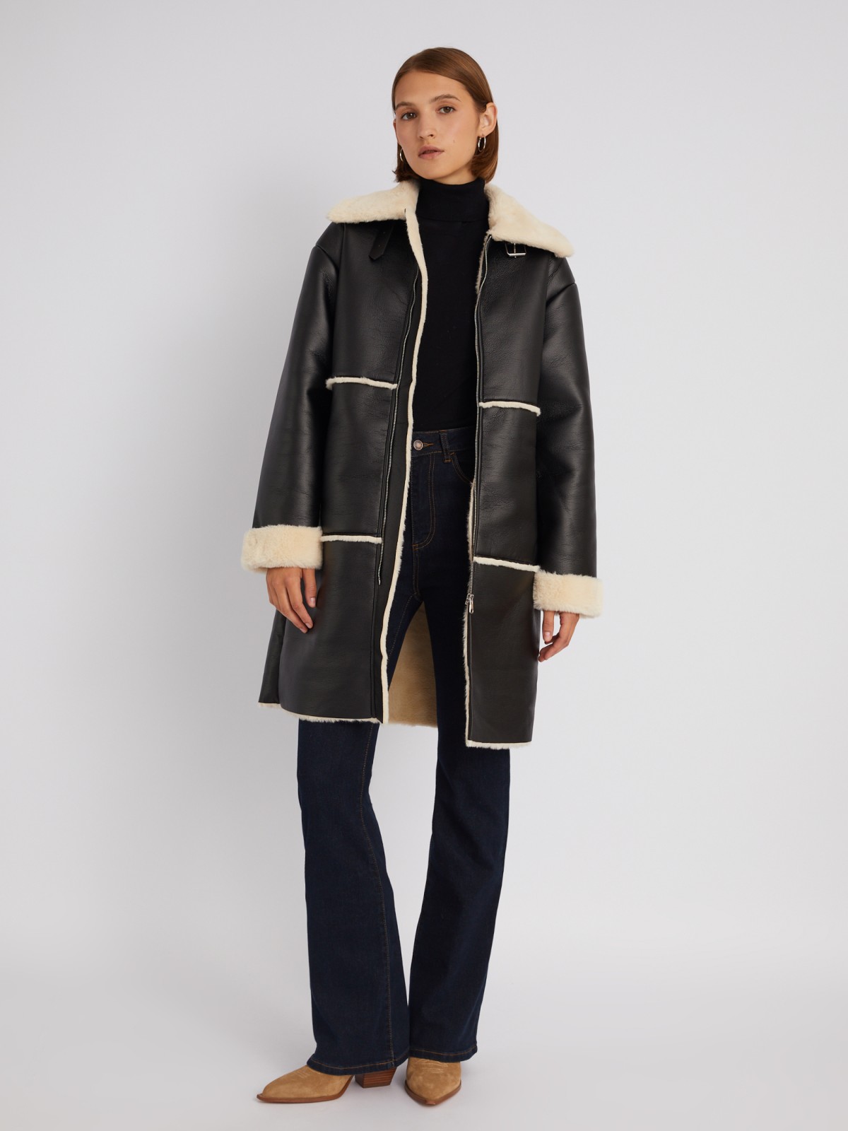 Длинное тёплое пальто-дублёнка из экокожи с искусственным мехом по подкладке zolla 023335550084, цвет черный, размер M - фото 2