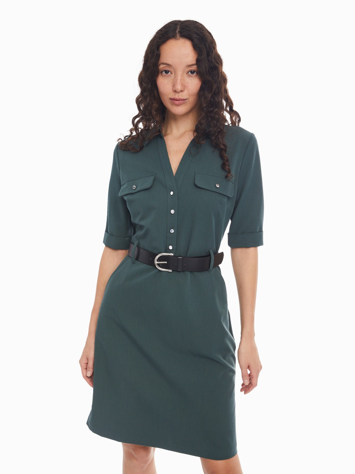 Платье-рубашка длины мини с коротким рукавом и ремнём zolla 024138259423, цвет темно-зеленый, размер XS