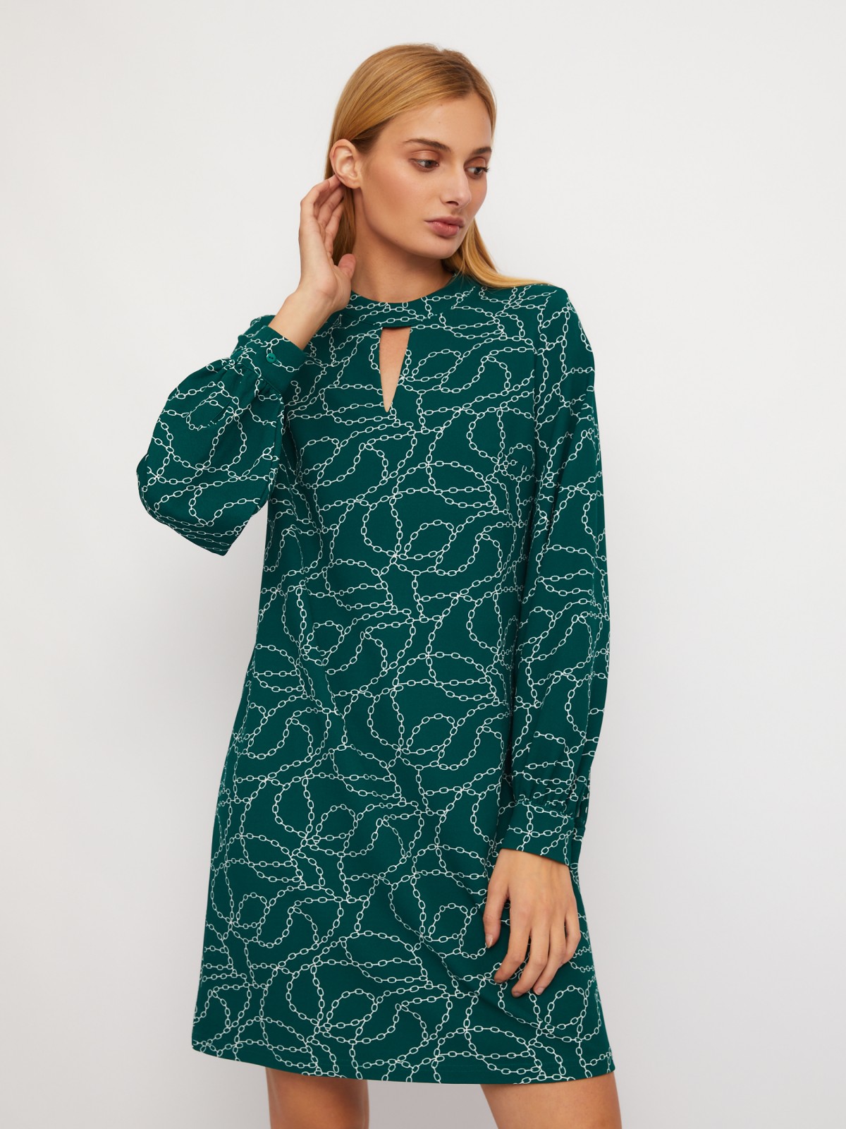 Платье длины мини с чокером и с принтом zolla 024118135203, цвет темно-зеленый, размер S - фото 1