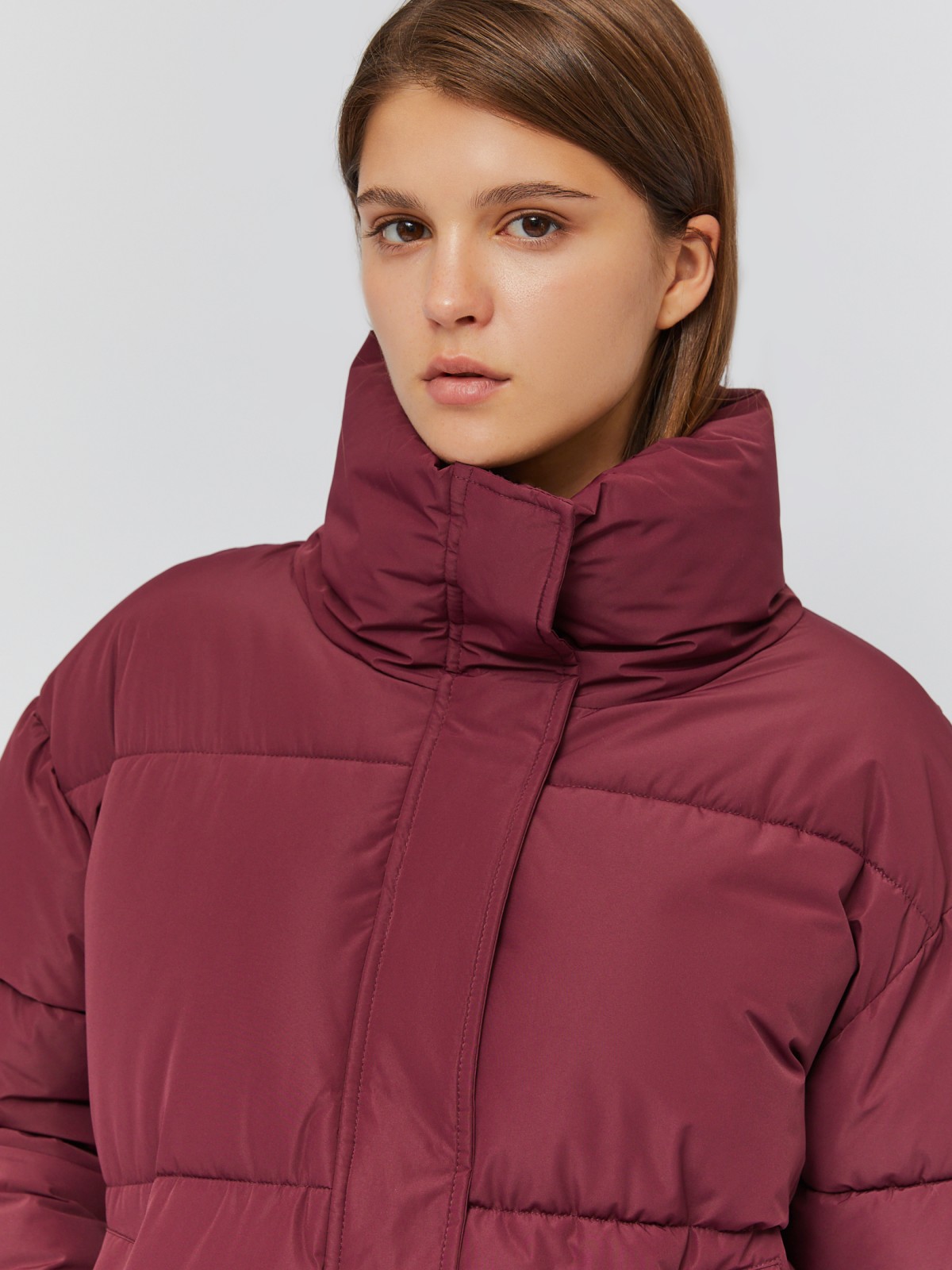 Тёплая дутая куртка оверсайз с высоким воротником