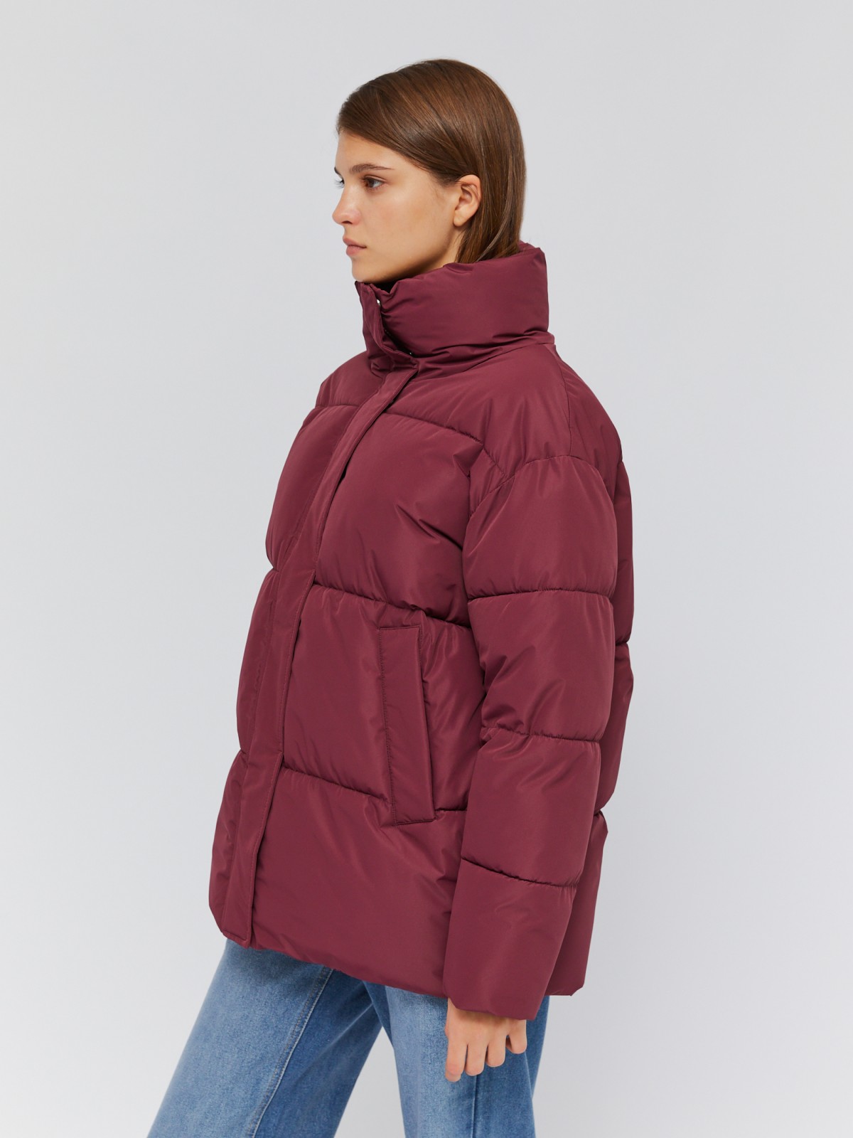 Тёплая дутая куртка оверсайз с высоким воротником