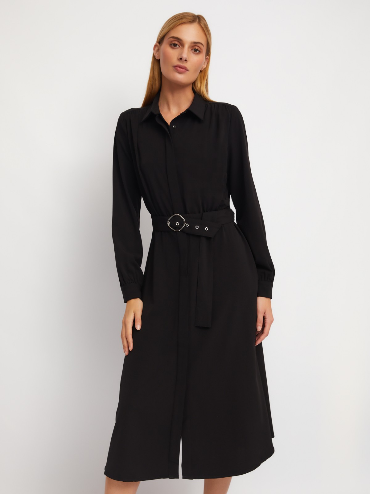 Платье-рубашка длины миди с воротником и акцентном на талии zolla 024118208223, цвет черный, размер XS