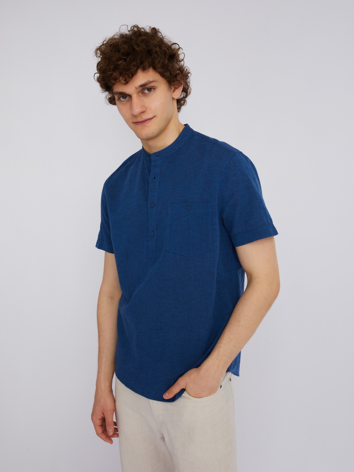 Рубашка из льна с коротким рукавом zolla голубого цвета