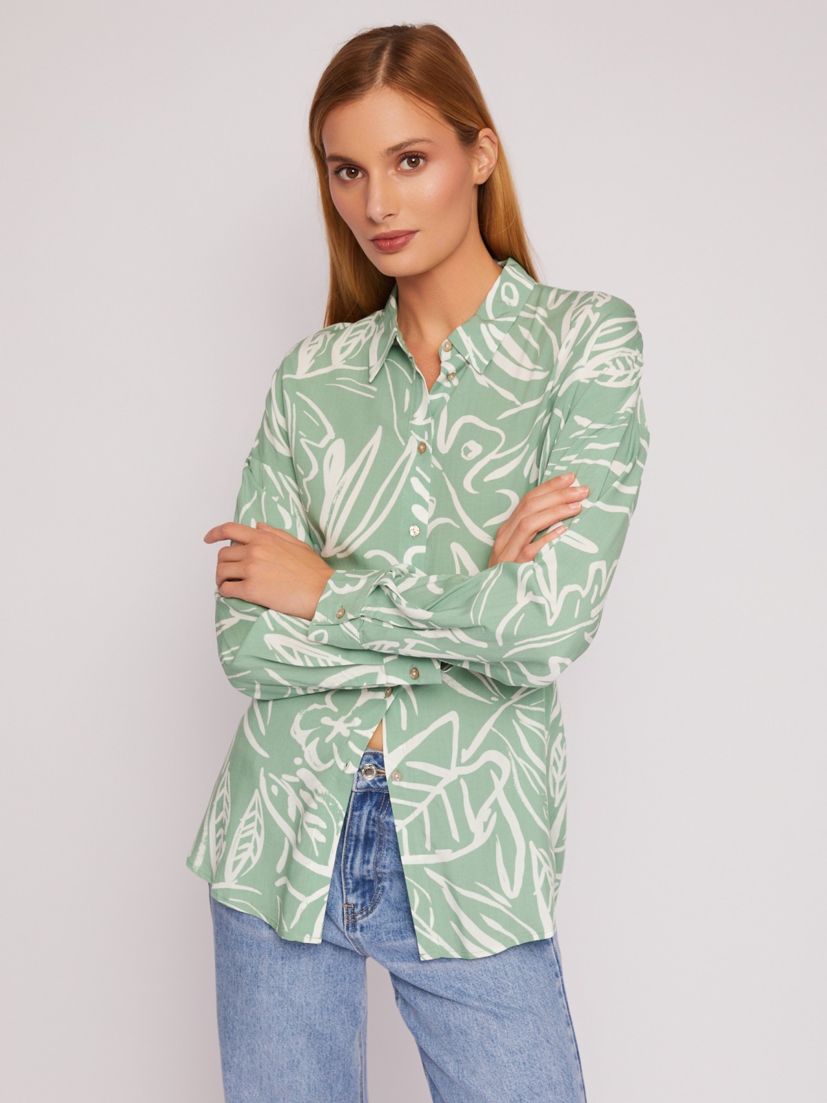Принтованная рубашка из вискозы с длинным рукавом zolla 024211162322, цвет светло-зеленый, размер L - фото 1