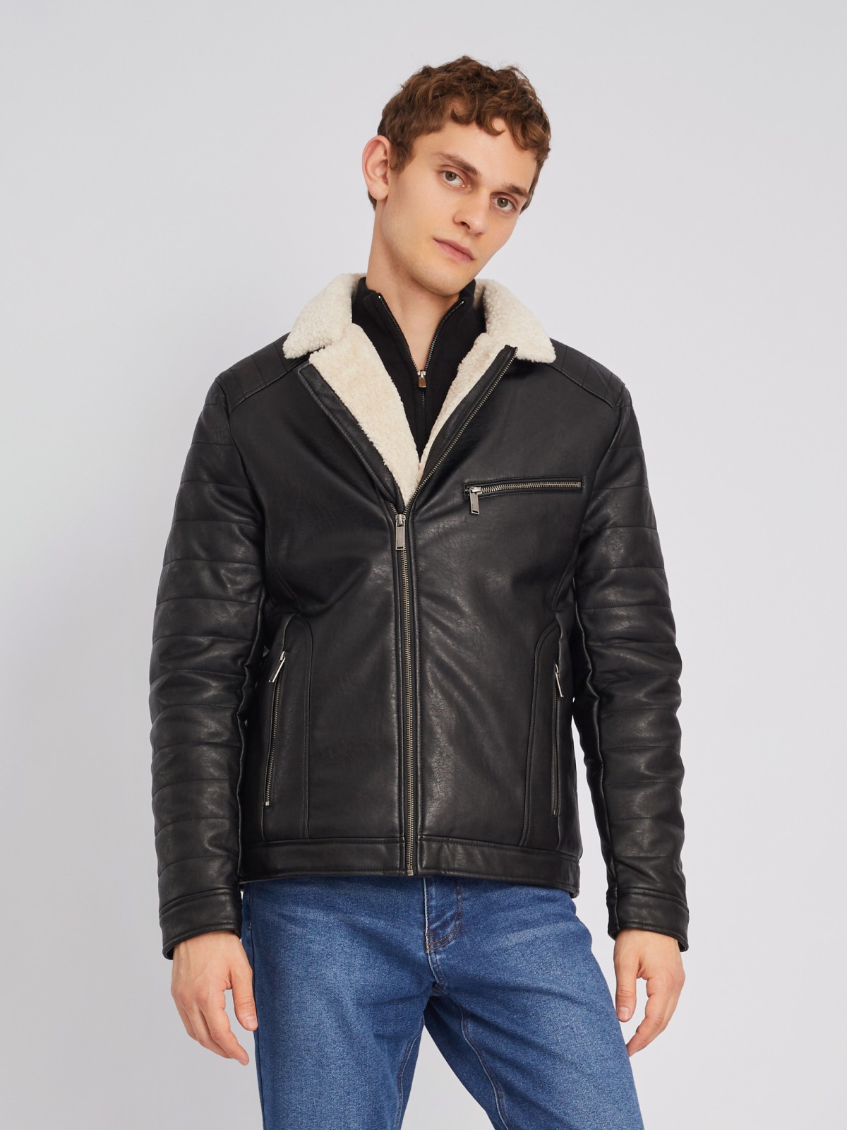 Тёплая куртка-косуха из экокожи с подкладкой из экомеха на синтепоне zolla черного цвета