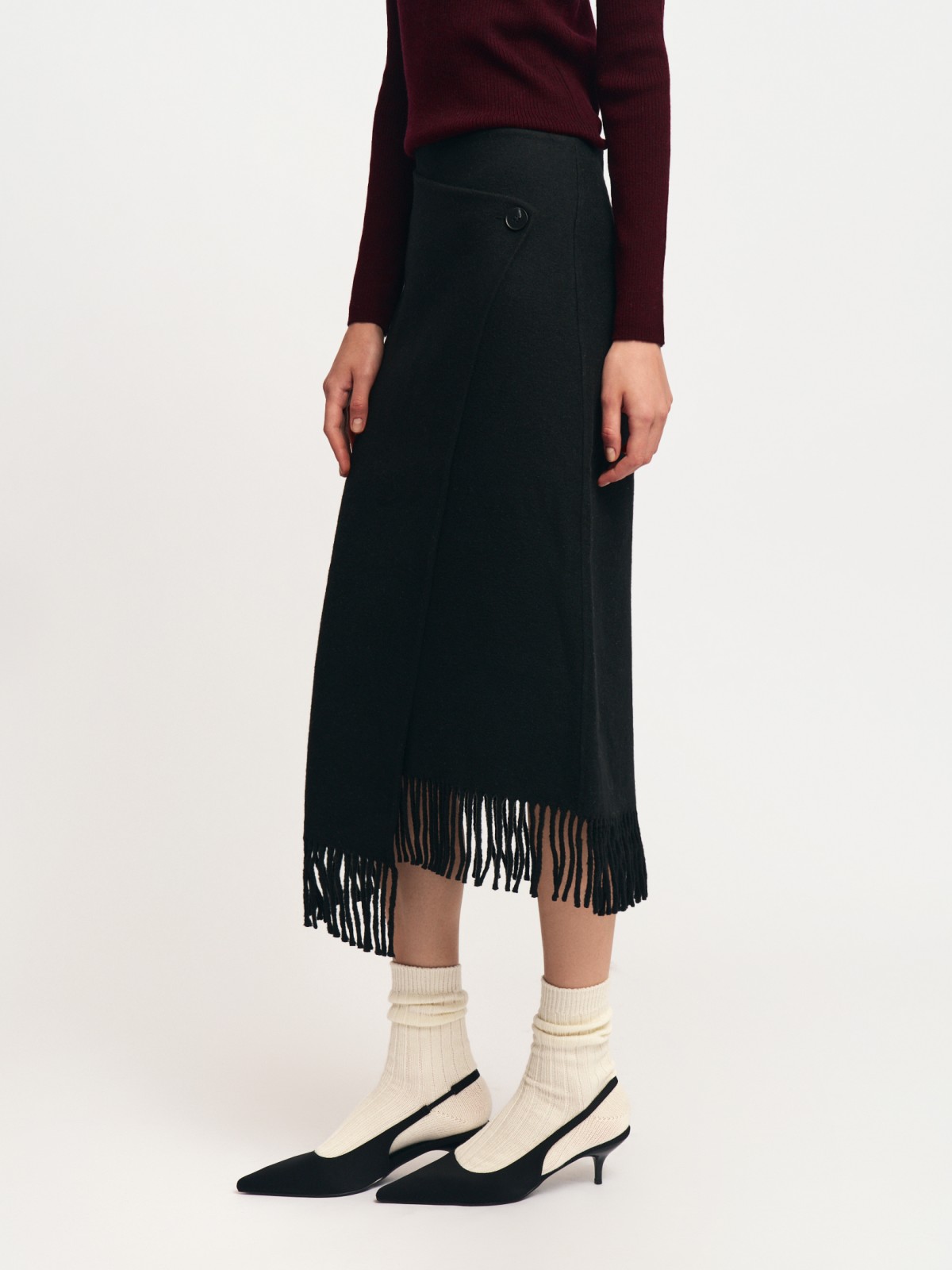 Шерстяная юбка-плед с запахом и бахромой