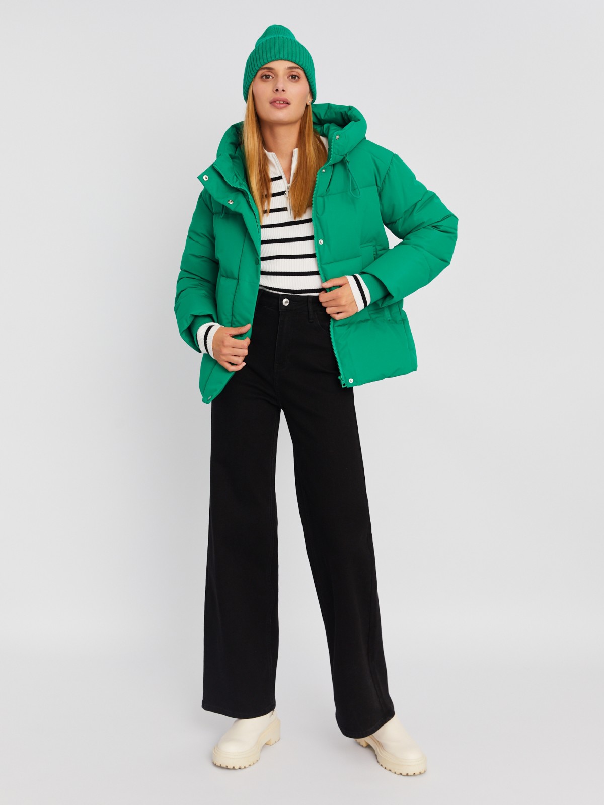 Тёплая стёганая куртка с капюшоном и удлинёнными внутренними манжетами zolla 023335112274, цвет зеленый, размер M - фото 2