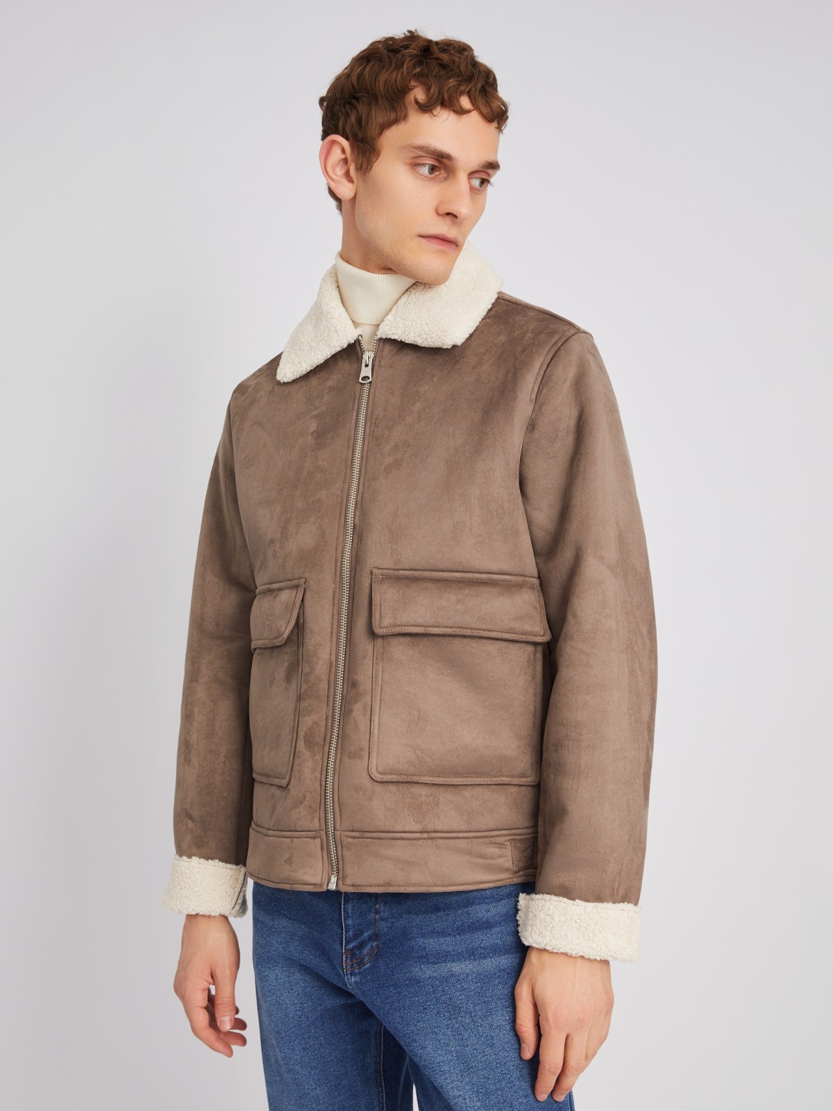 Тёплая куртка на молнии из экозамши с подкладкой из экомеха zolla 012345512024, цвет коричневый, размер XXXL - фото 3