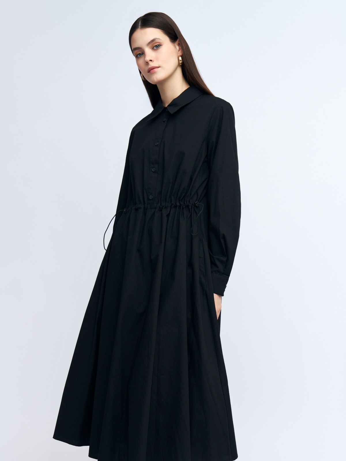 Платье-рубашка миди из хлопка с кулиской