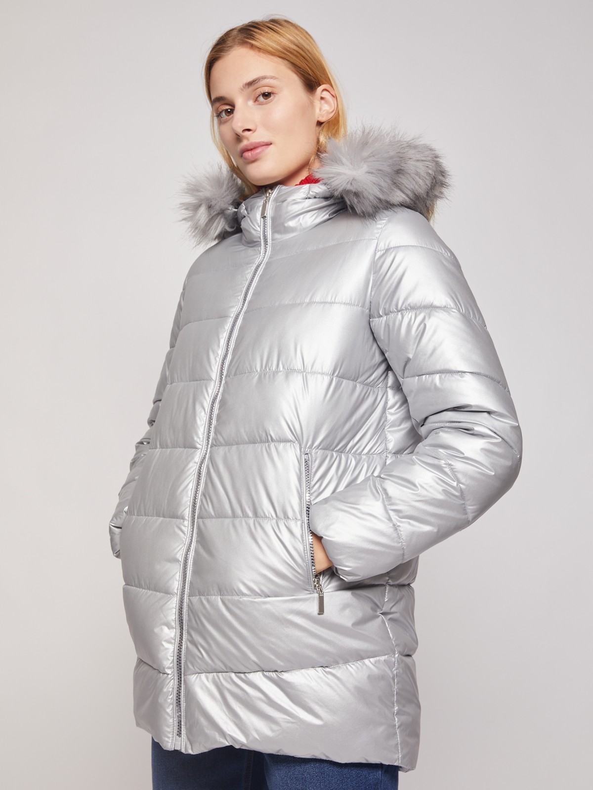 Утеплённая куртка с меховой опушкой zolla 020345112704, цвет серебряный, размер XS - фото 2