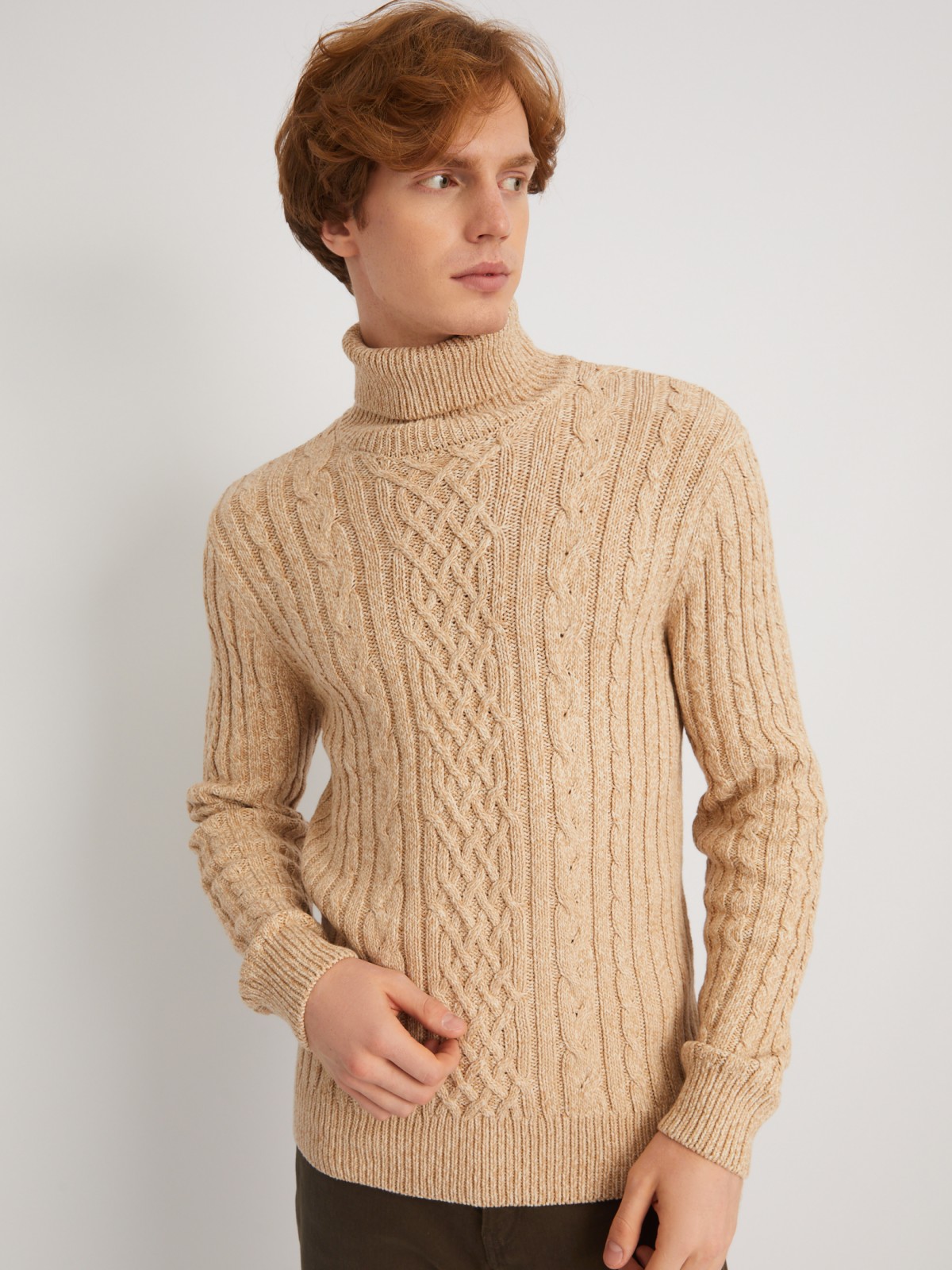 Вязаный свитер с фактурным узором косы zolla 013446165093, цвет коричневый, размер S - фото 3