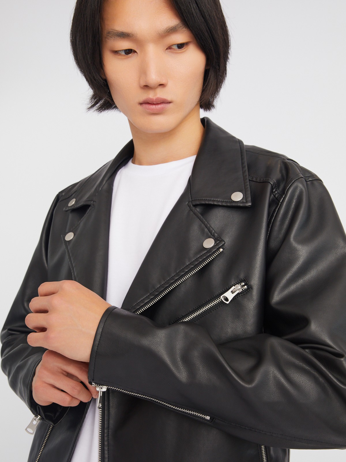 Кожаная куртка-косуха из экокожи без утеплителя zolla 013325650034, цвет черный, размер S - фото 3