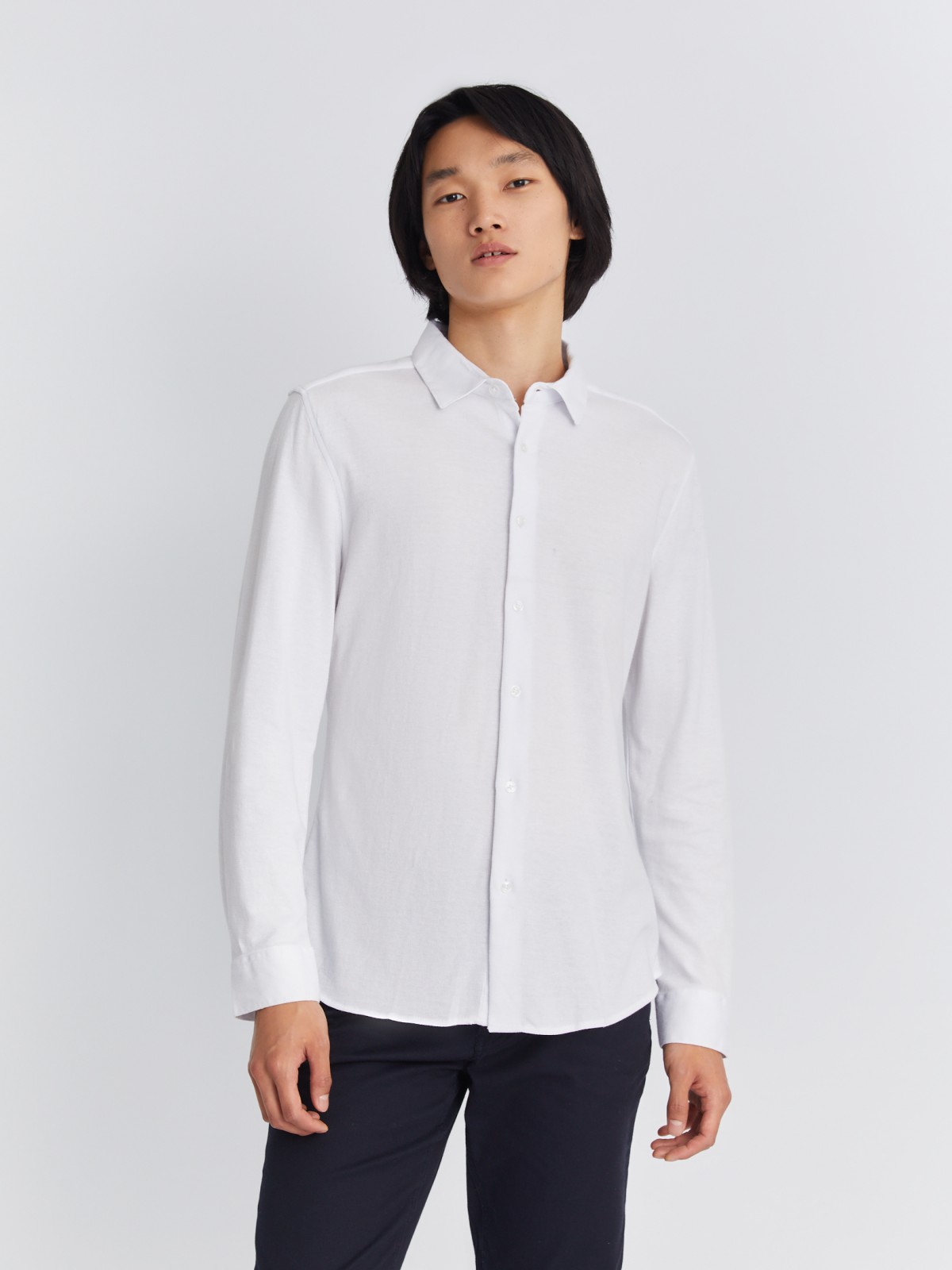 Рубашка полуприлегающего силуэта из трикотажной ткани с длинным рукавом zolla 012322159141, цвет белый, размер S - фото 3