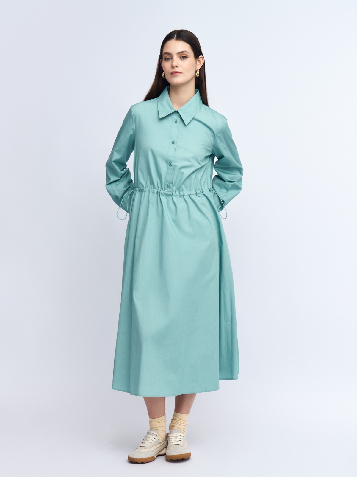 Платье-рубашка миди из хлопка с кулиской