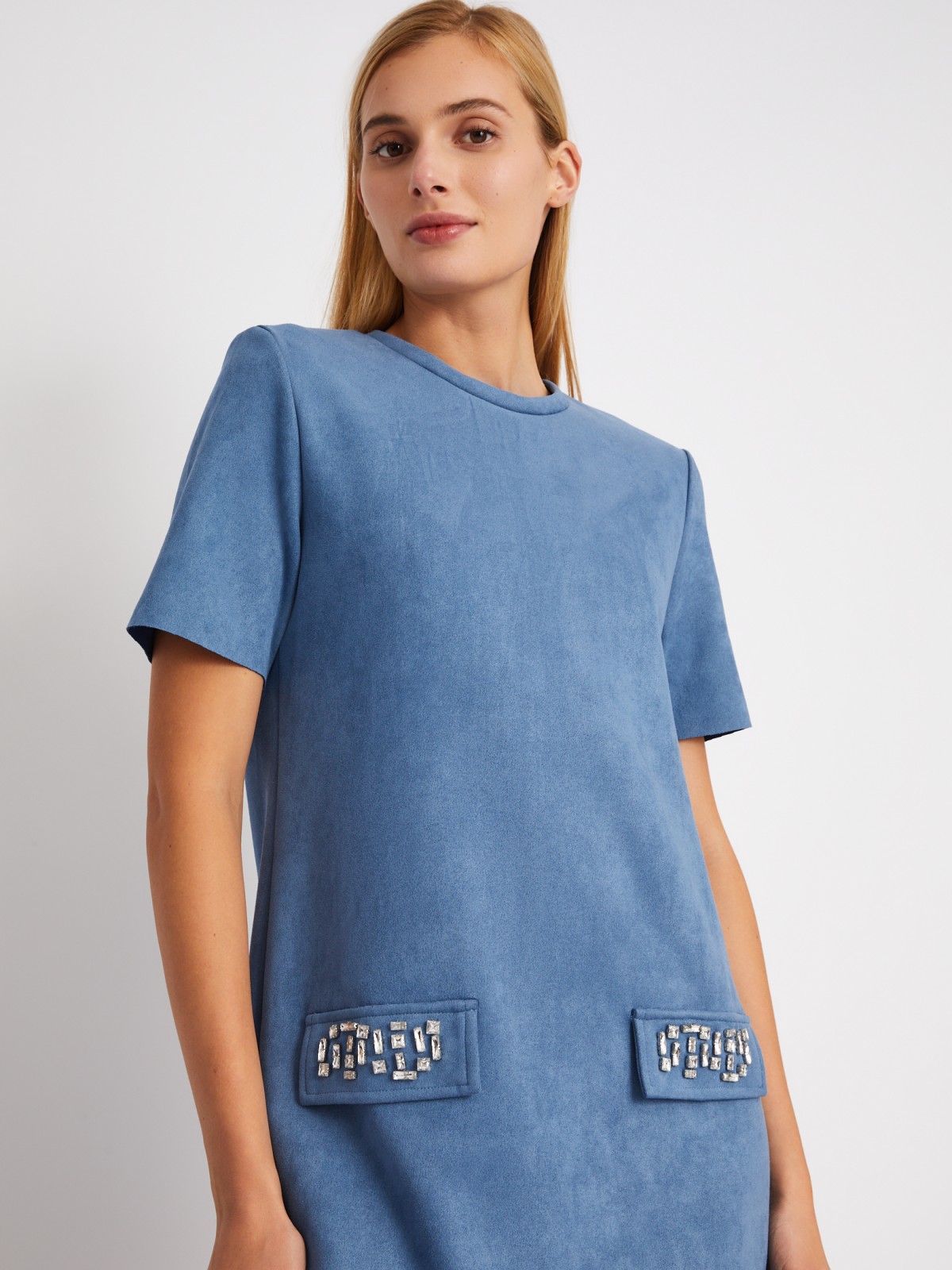 Платье-футболка из экозамши со стразами zolla 024118262361, цвет голубой, размер XS - фото 3