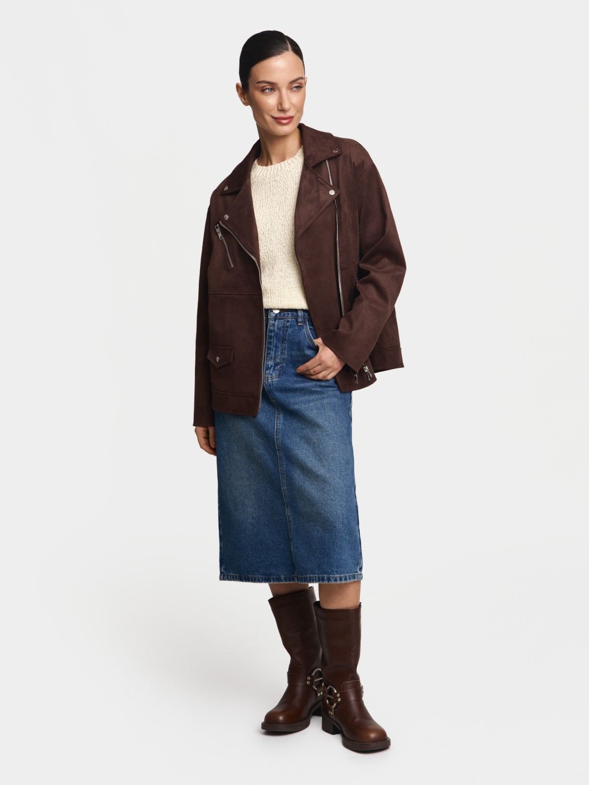 Короткая куртка-косуха оверсайз из экозамши