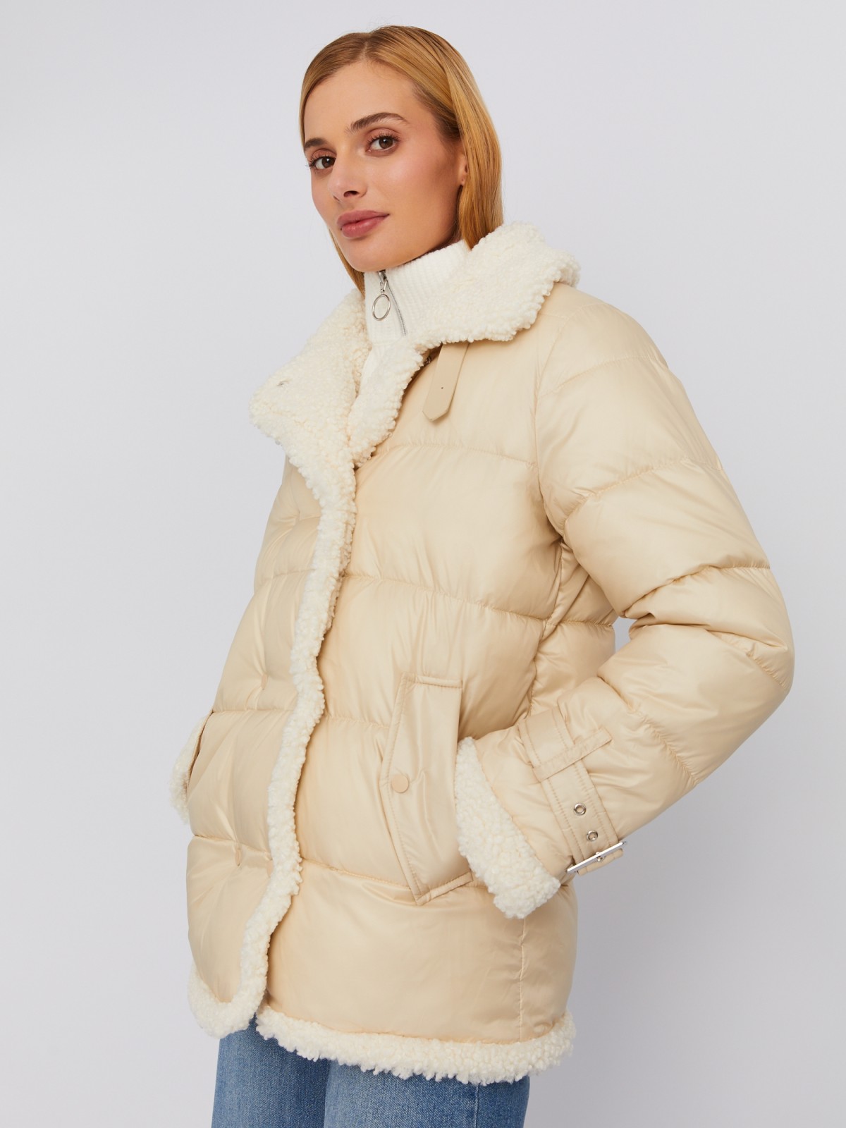 Утеплённая стёганая куртка с отложным воротником и отделкой из искусственного меха zolla 023335112354, цвет молоко, размер M - фото 3