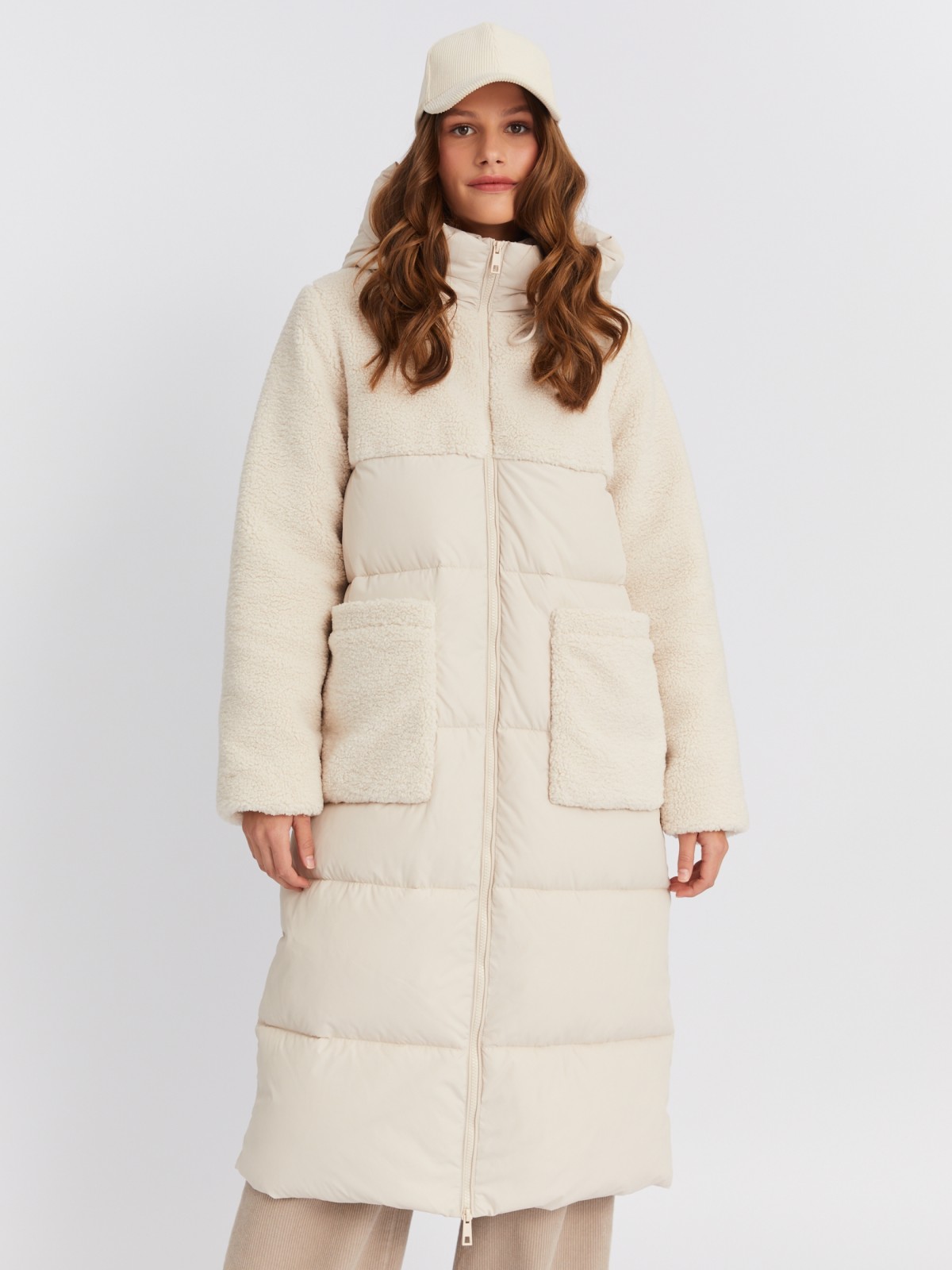Тёплая куртка-пальто с отделкой из экомеха и капюшоном zolla 023425212154, цвет молоко, размер M - фото 4