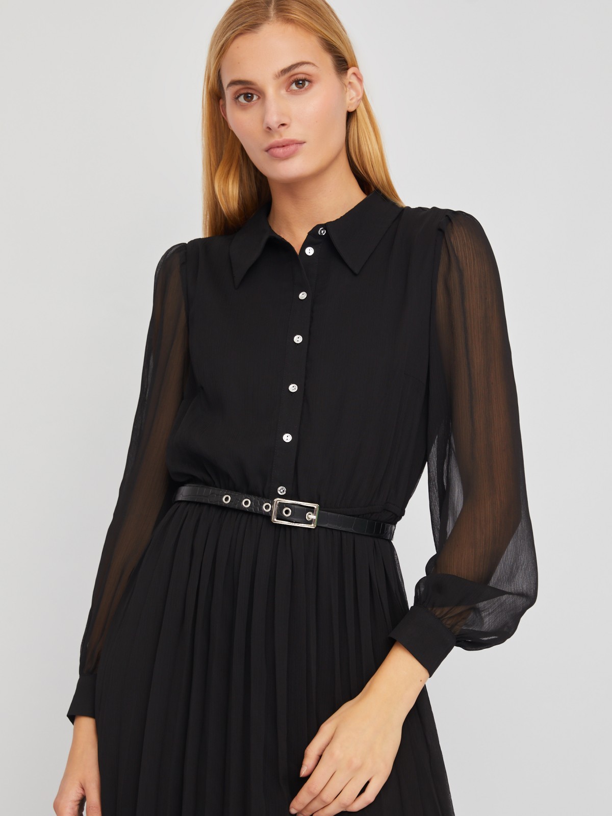 Шифоновое платье-рубашка длины миди с плиссировкой и акцентном на талии zolla 024118262033, цвет черный, размер S - фото 3