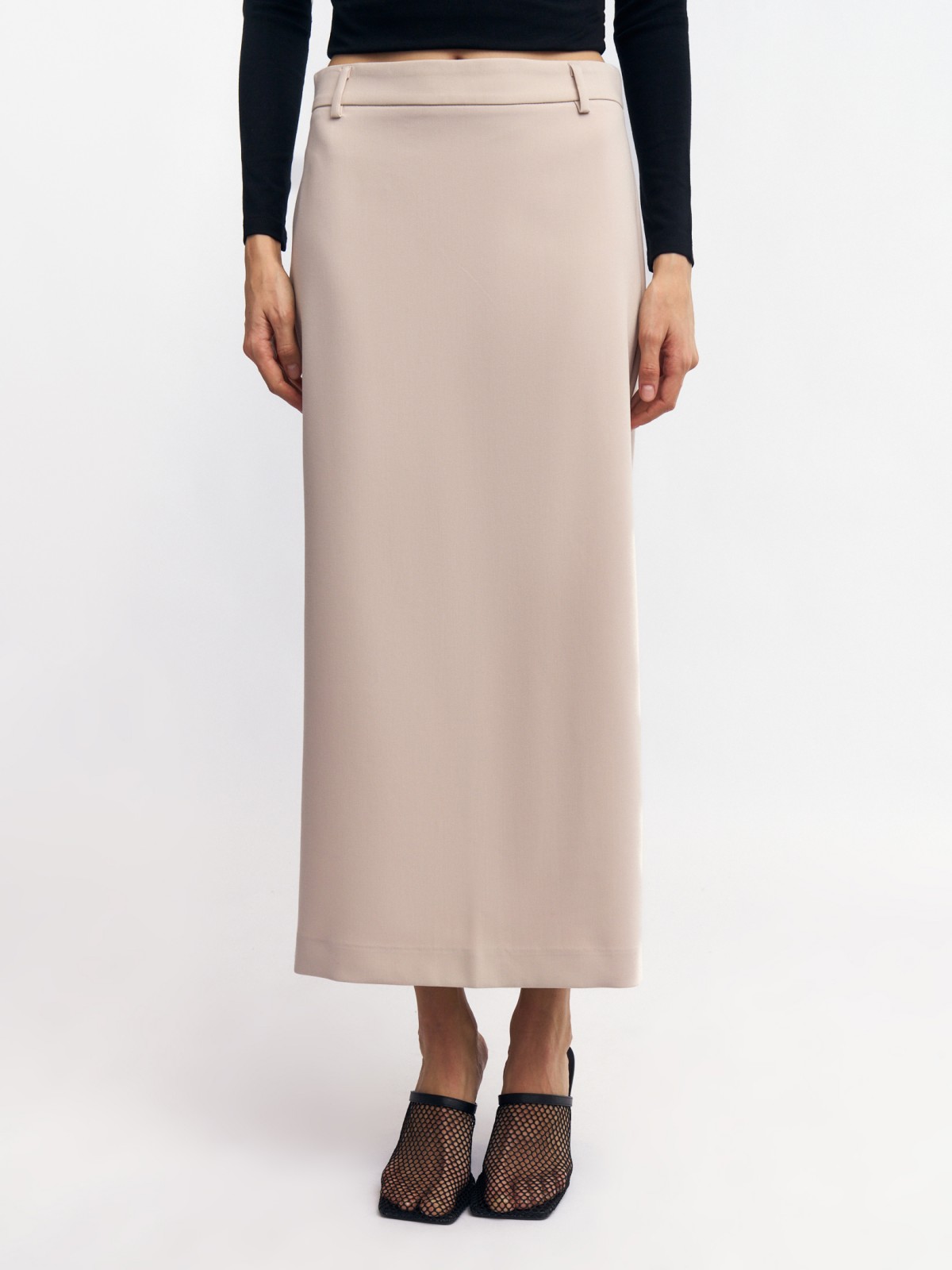 Прямая трикотажная юбка макси с разрезом