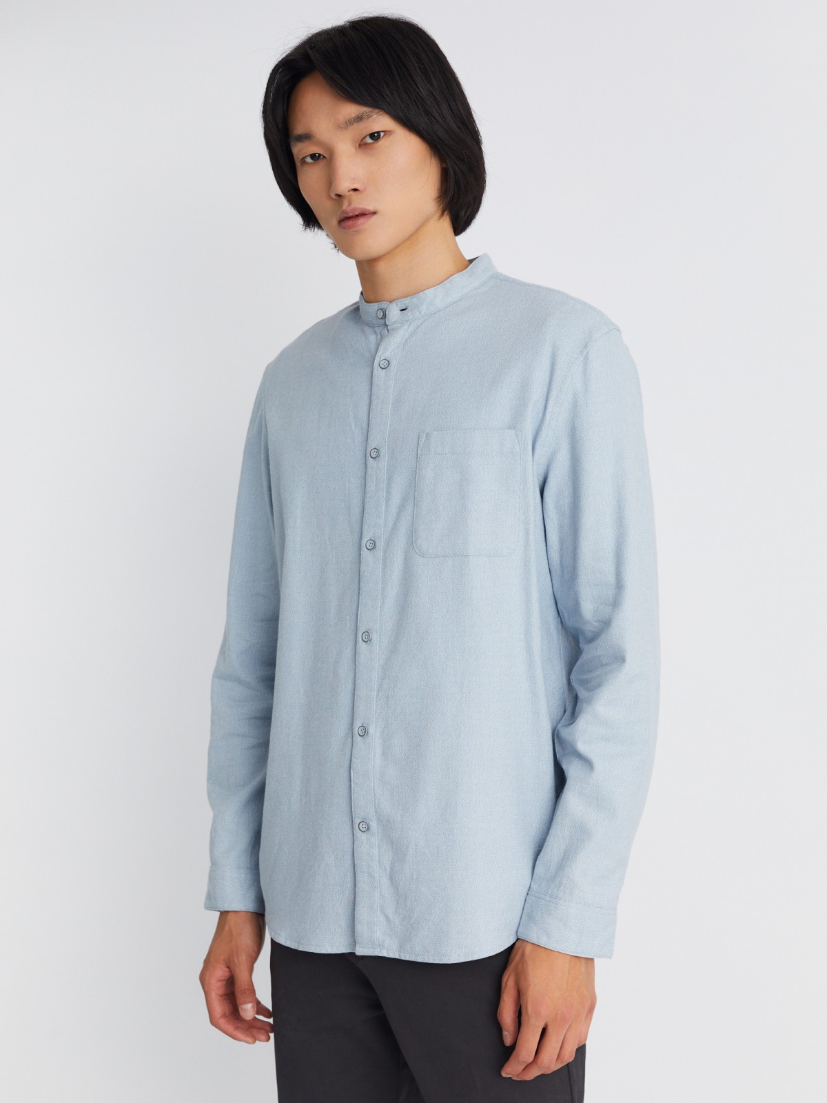 Фланелевая рубашка из хлопка с воротником-стойкой и длинным рукавом zolla 013332162013, цвет светло-голубой, размер S - фото 3